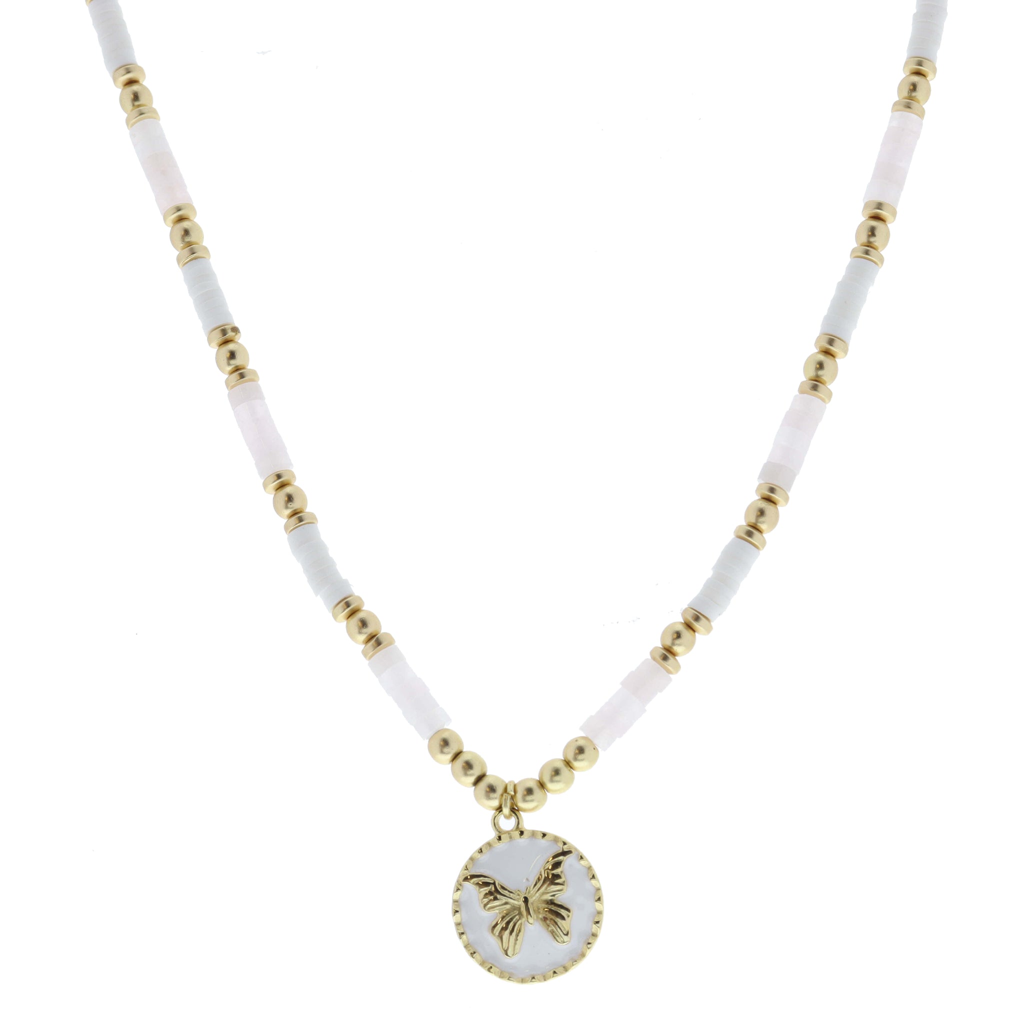 Rose Quartz, White Rubber Sequin, Gold Beaded with Butterfly on Gold Disc and White Enamel Necklace