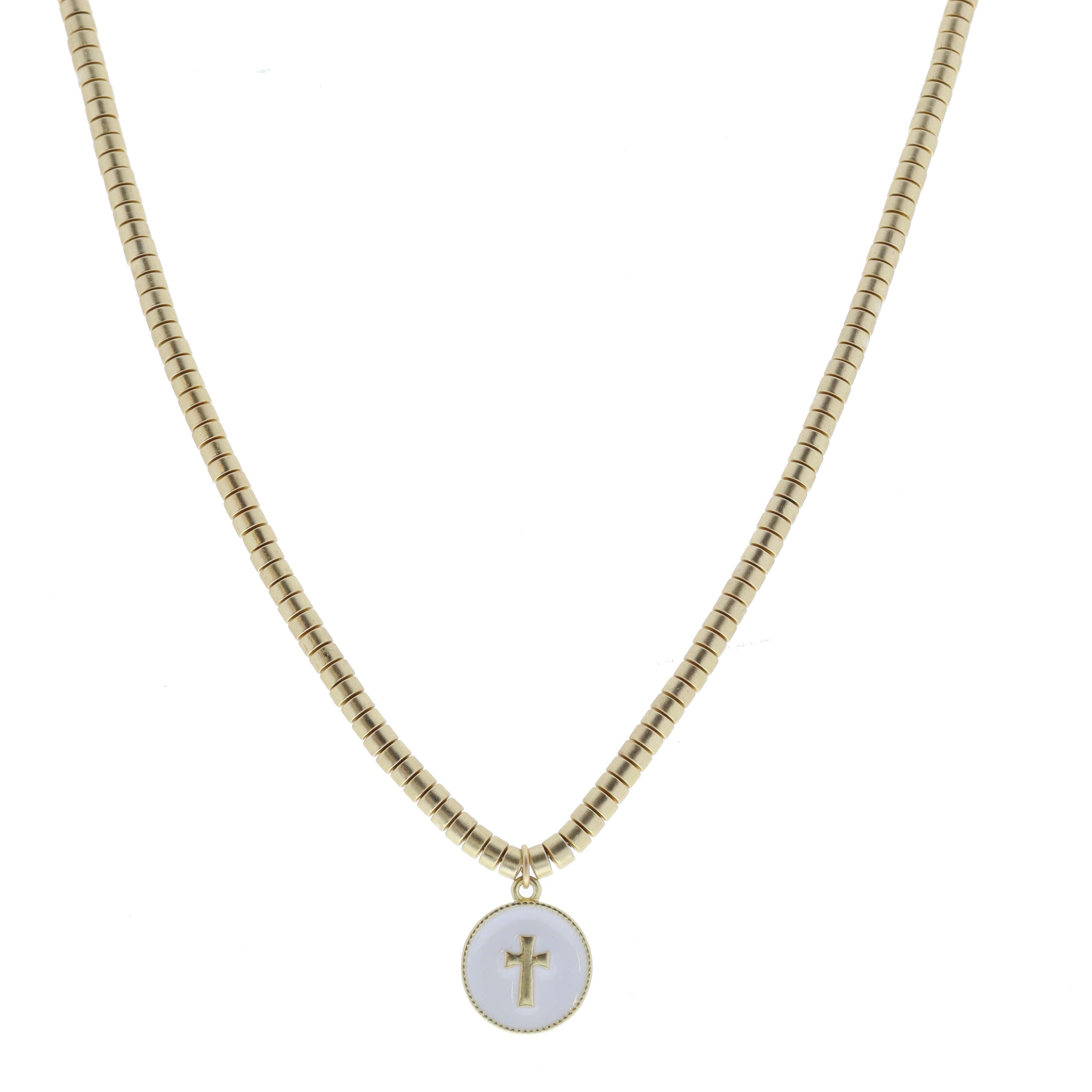 Gold Cyliner Disc Beaded with White Enamel Cross Circle Necklace