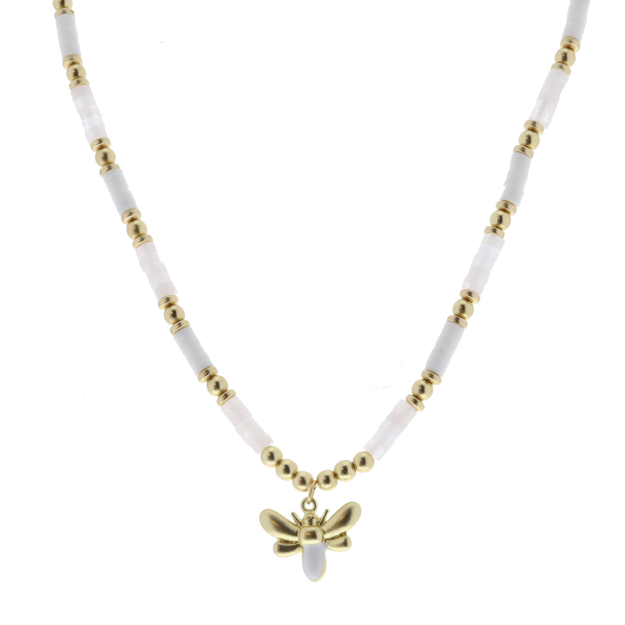 Rose Quartz, White Rubber Sequin, Gold Beaded with Gold and White Enamel Bee Necklace