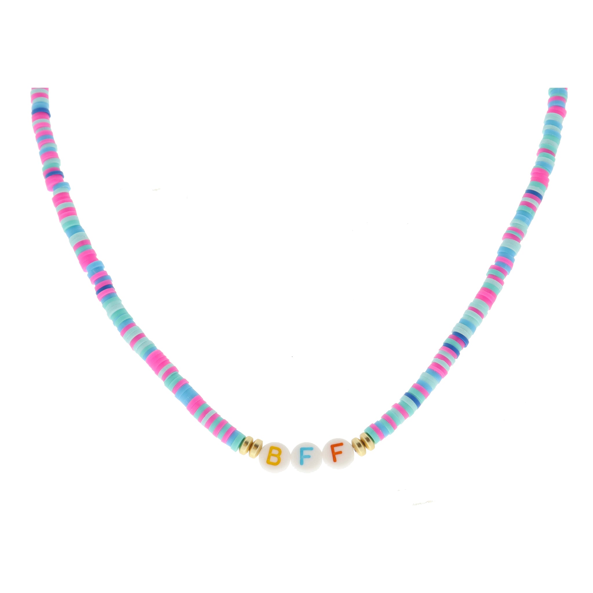 Kids "BFF" Beads on Multi Teal, Mint, Pink Rubber Sequin Necklace