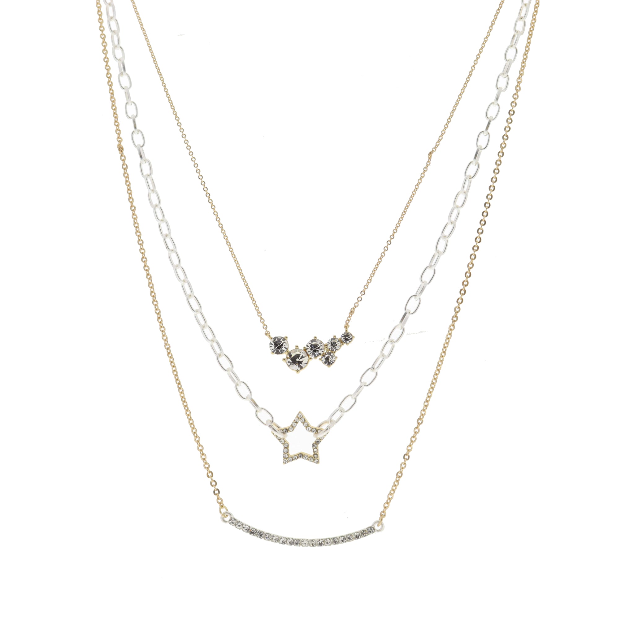 3 Strand, Crystal Cluster Bar, Gold Star, Silver Crystal Curved Bar Necklace