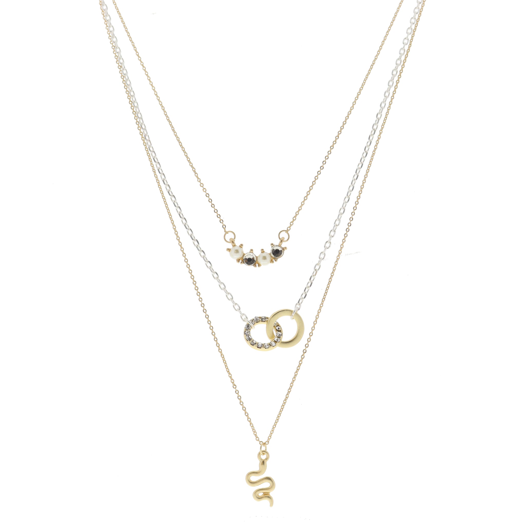 3 Strand, Pearl and Clear Crystal Curved Bar, Gold and Clear Crystal Circle Links, Gold Snake Necklace