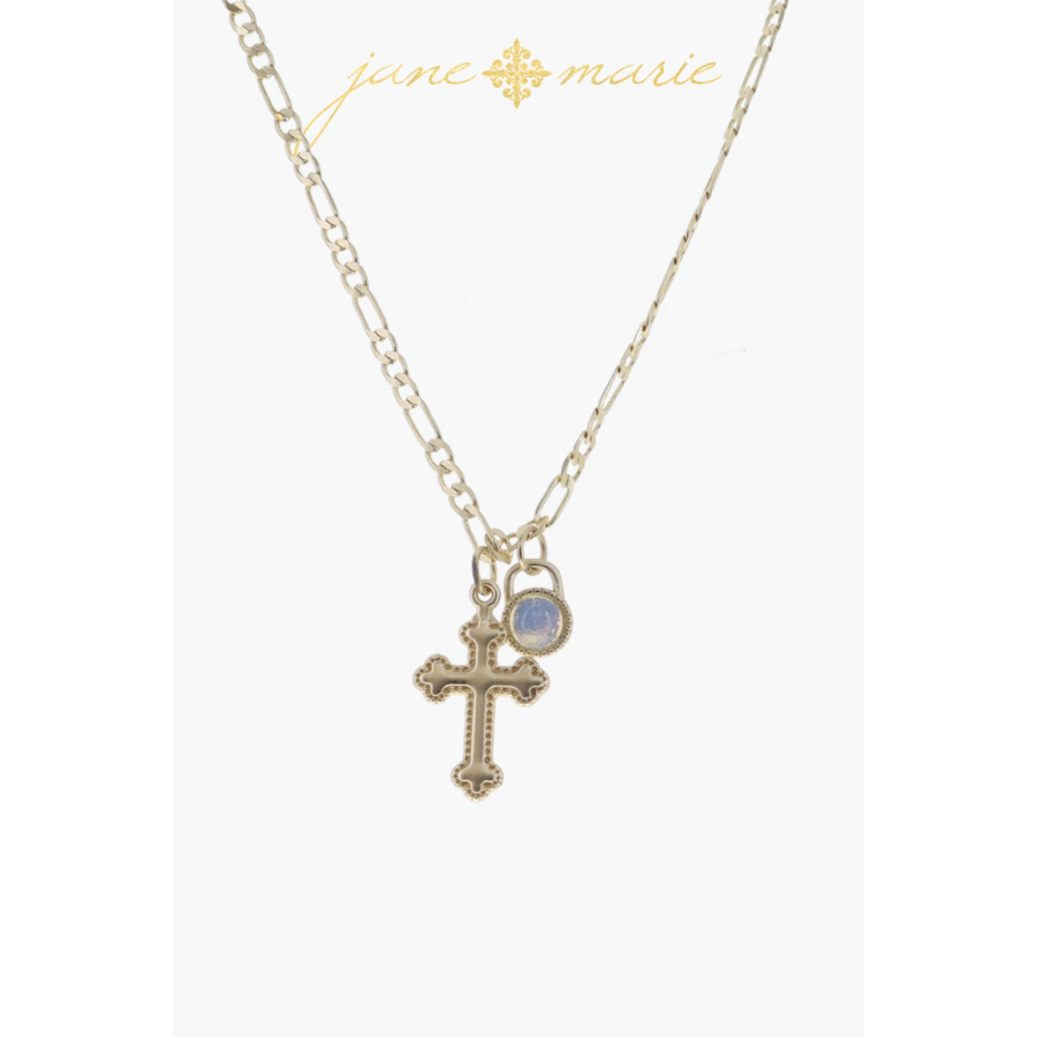 Gold Square Cross with Clear Crystals, Baroque Drop Pearl Necklace