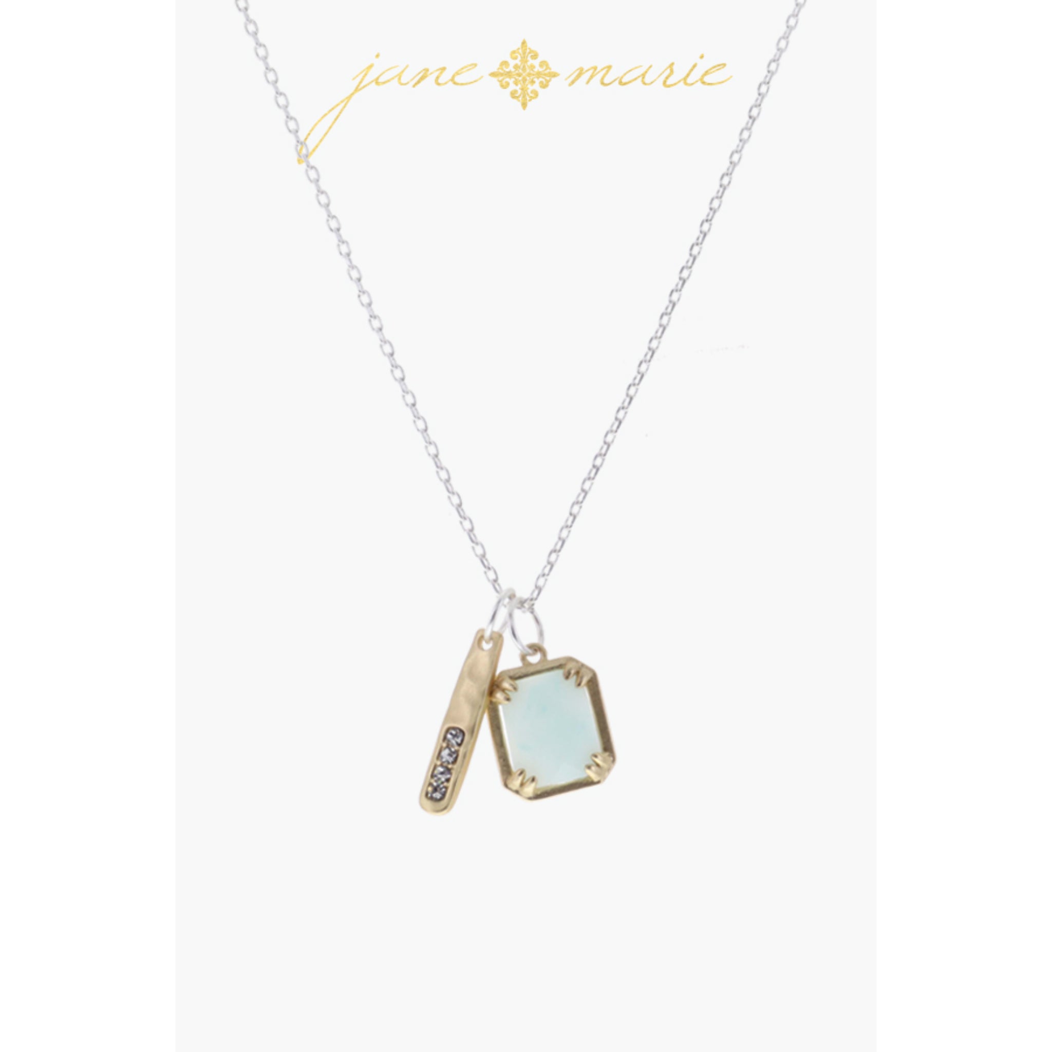 Gold Hammered Disc, Rectangle Clear Crystal Necklace