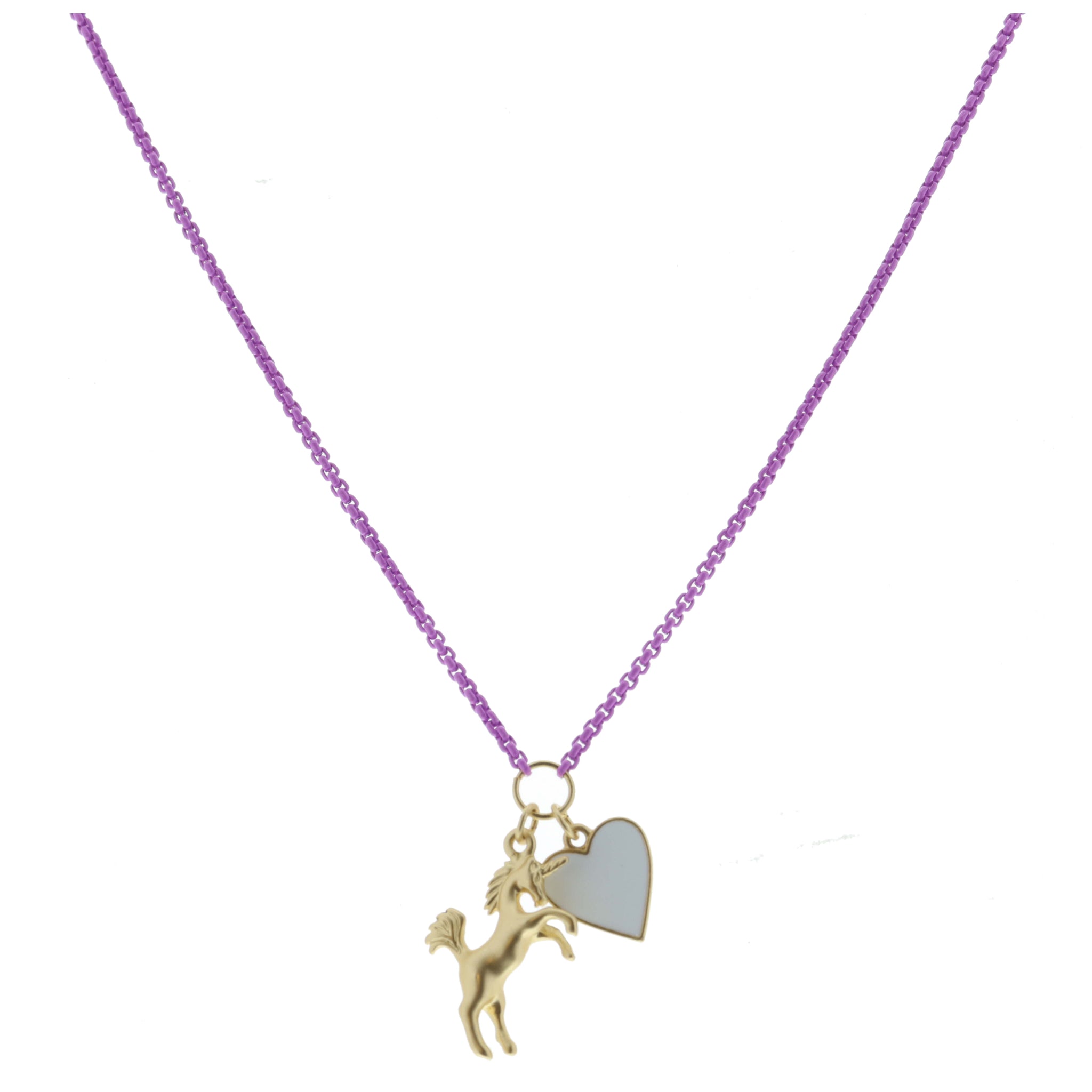 Kids Lavender Box Chain with Gold Unicorn and White Enamel Hear Necklace