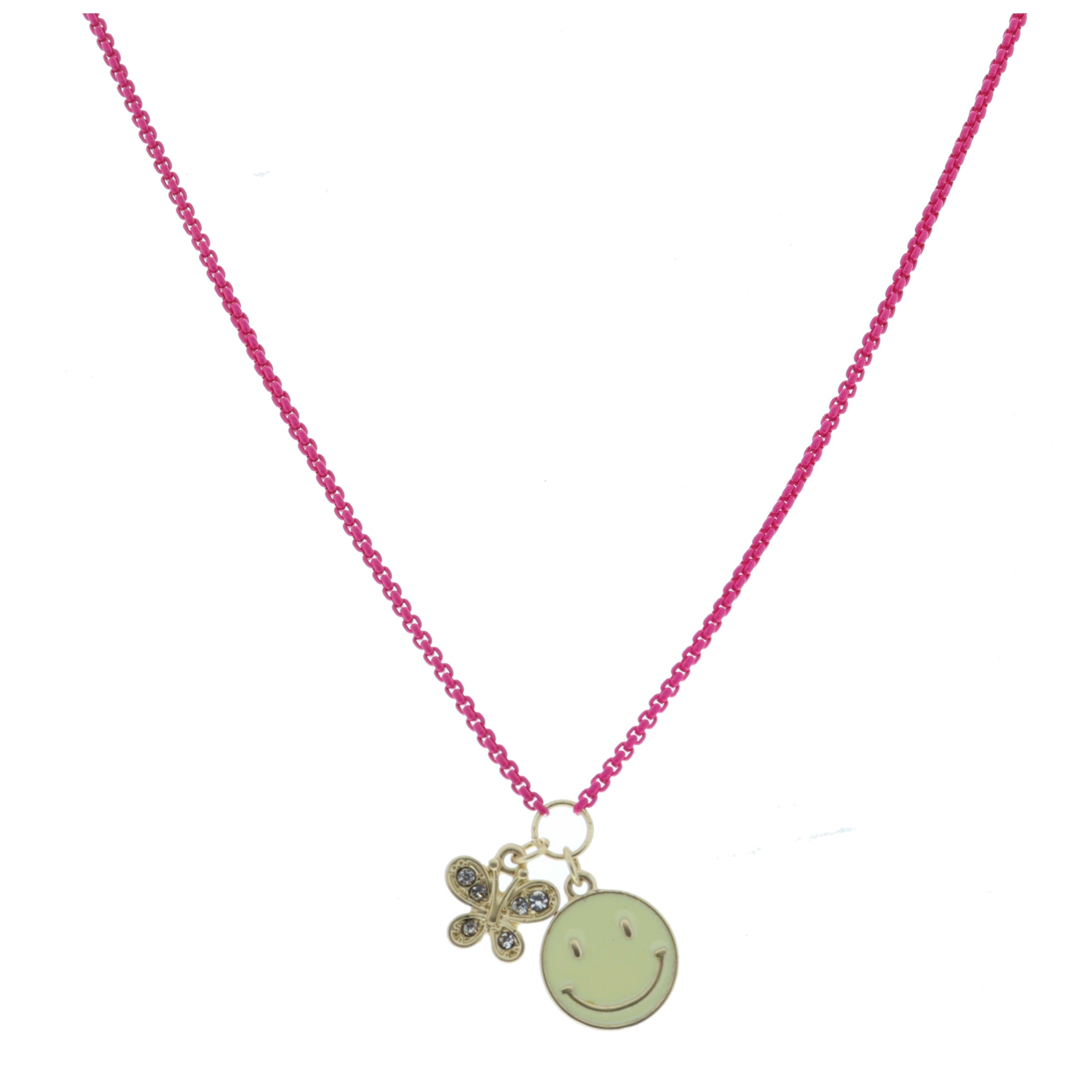 Kids Gold Crystal Butterfly on Pink Box Chain and Cream Enamel Happy Face Necklace