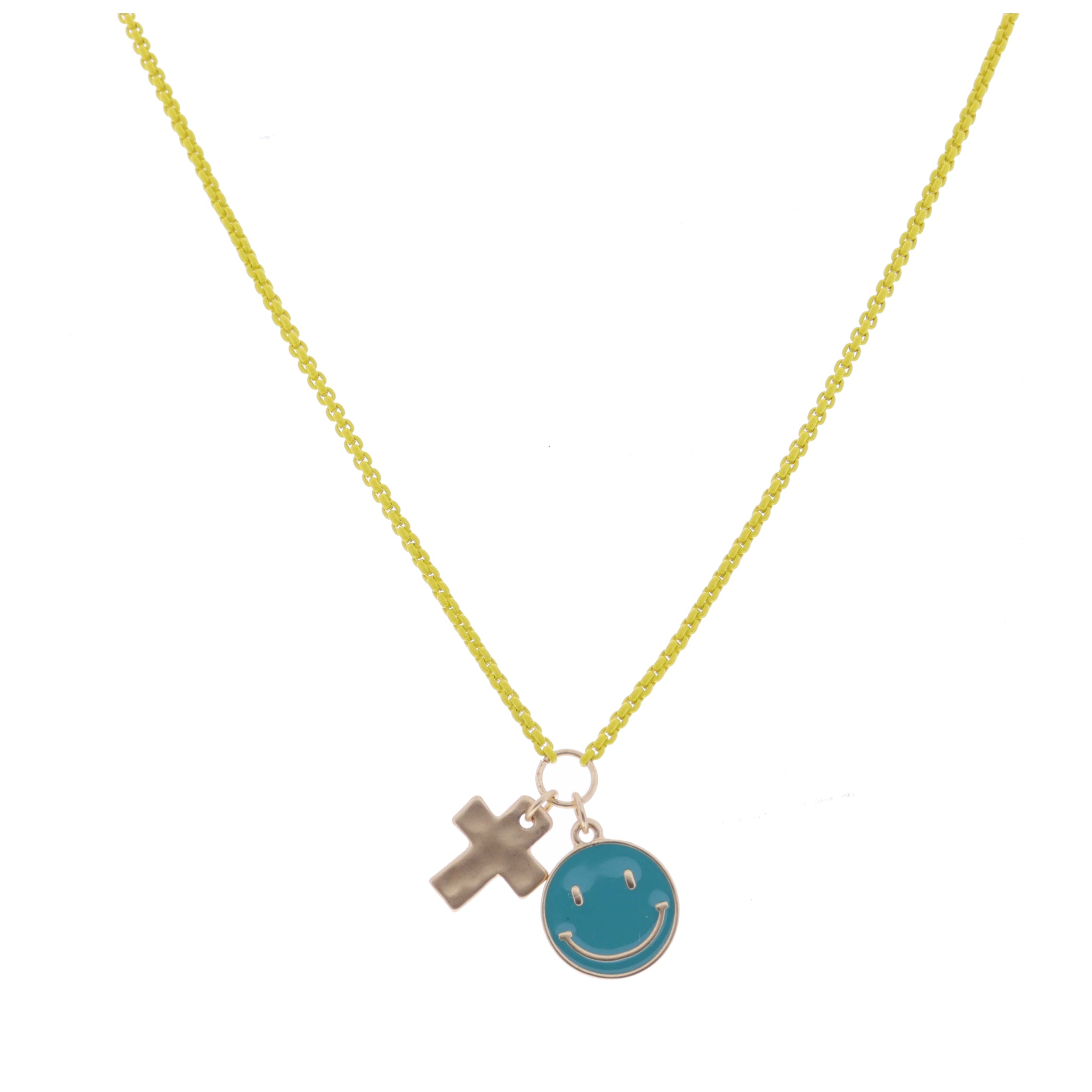 Kids Yellow Box Chain with Gold Cross and Teal Enamel Happy Face Disc Necklace