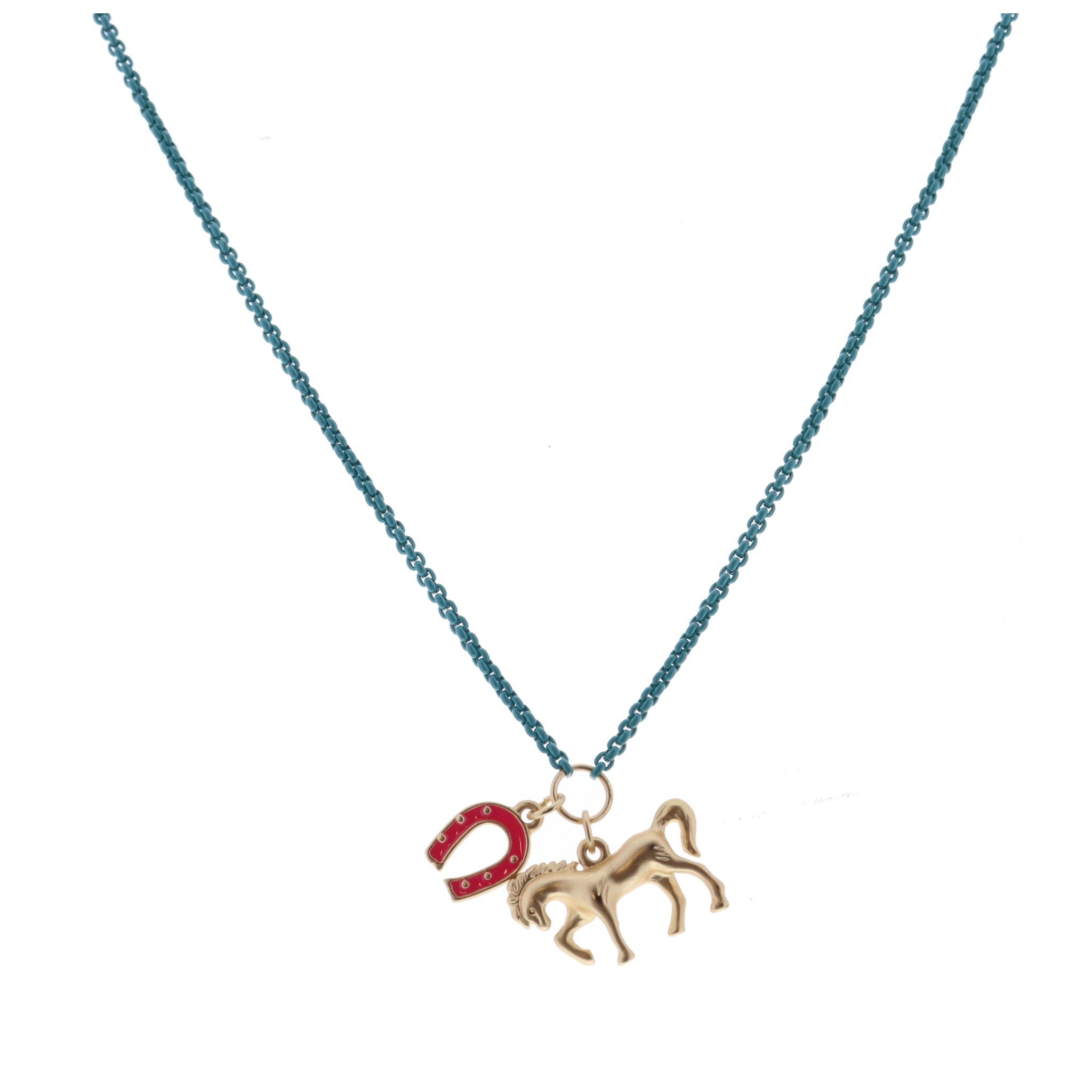 Kids Teal Box Chain with Hot Pink Enamel Horseshoe and Gold Horse Necklace