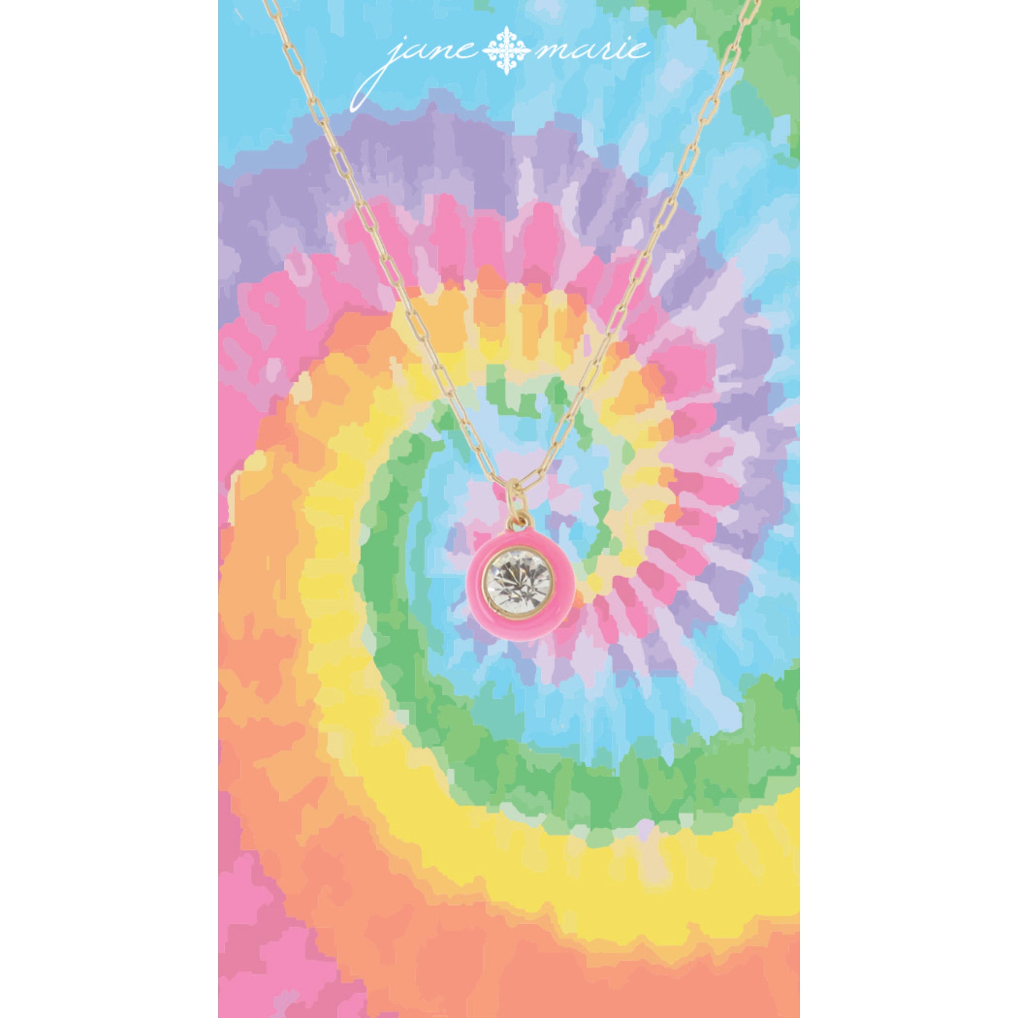 Kids Large Clear Crystal in Pink Enamel Bezel Necklace