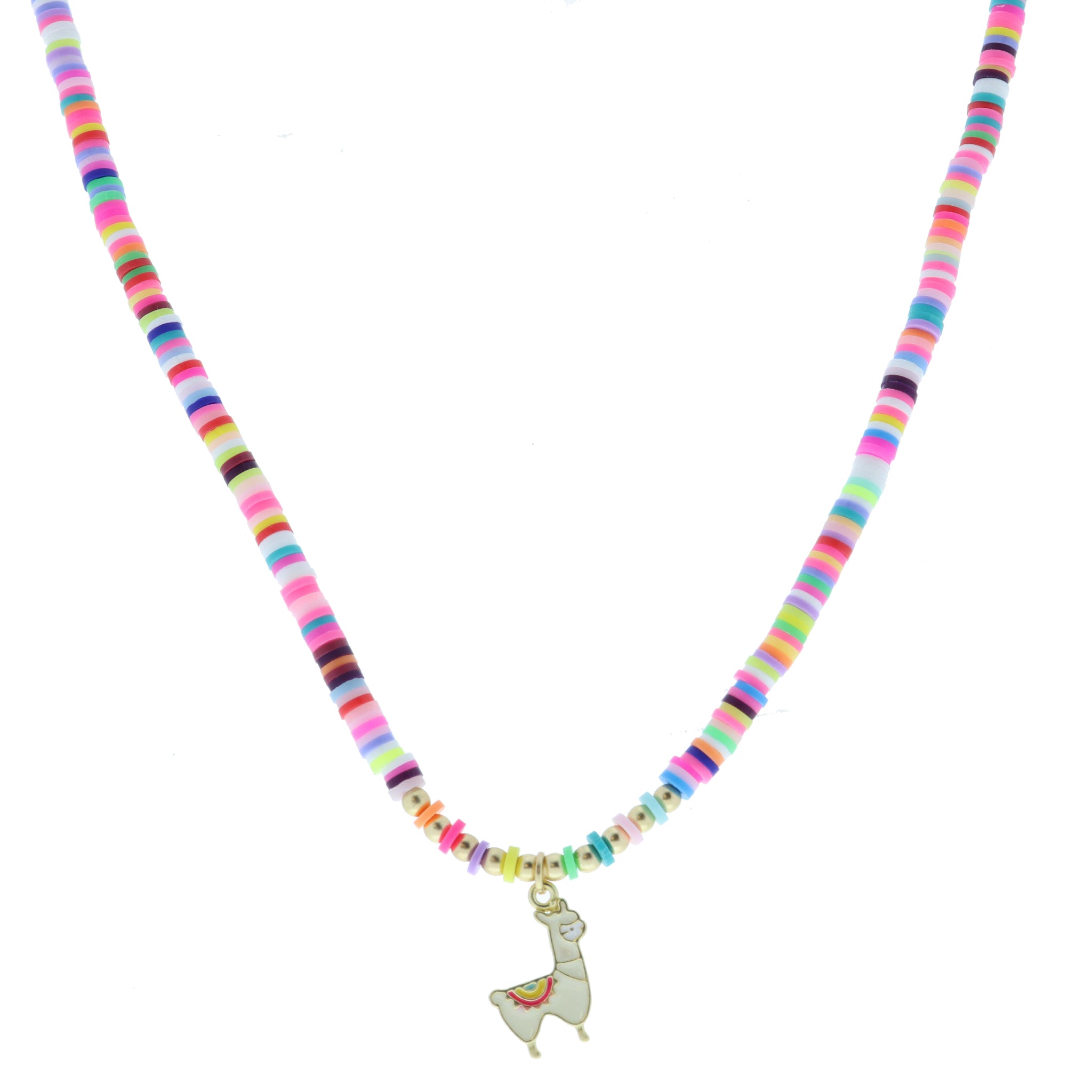 Kids Multi Rainbow Rubber Sequin with White and Multi Enamel Llama Necklace