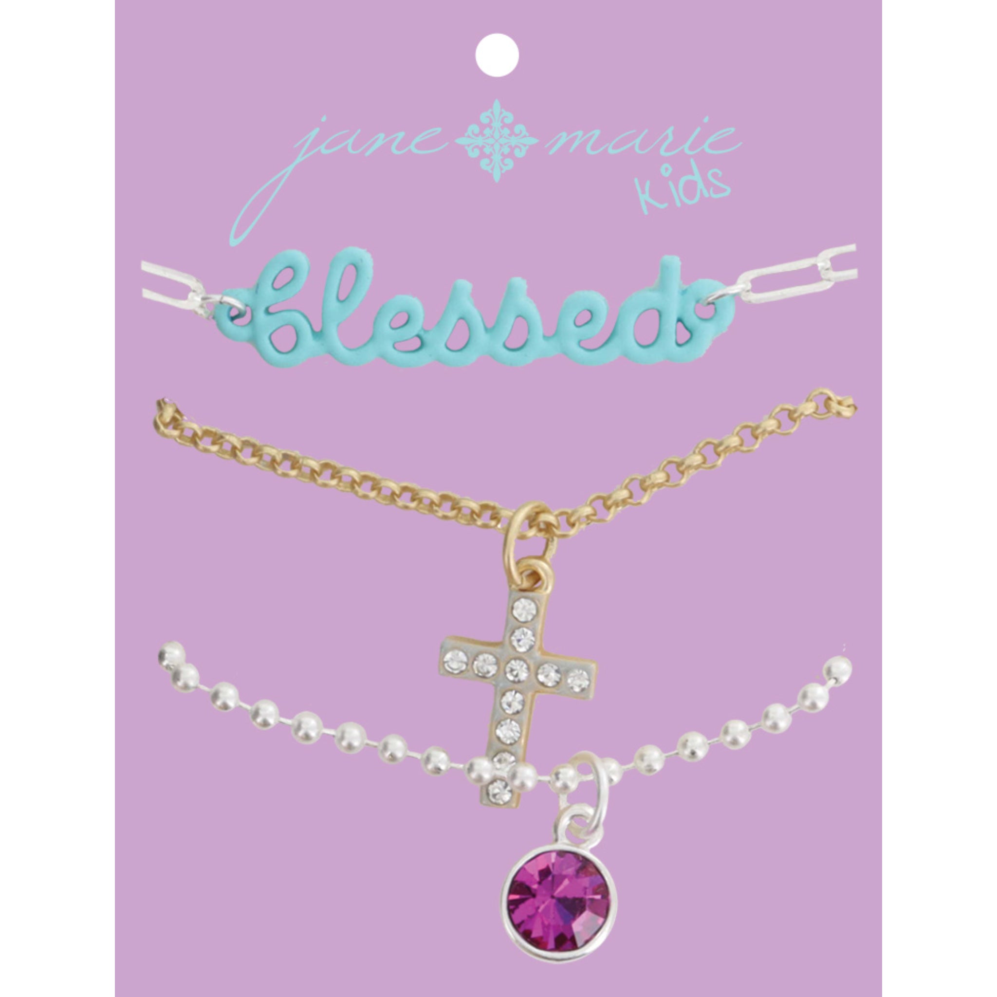 Kids Set of 3, Mint "blessed" Bar, Crystal and Grey Enamel Cross, Pink Crystal Dangle Necklace