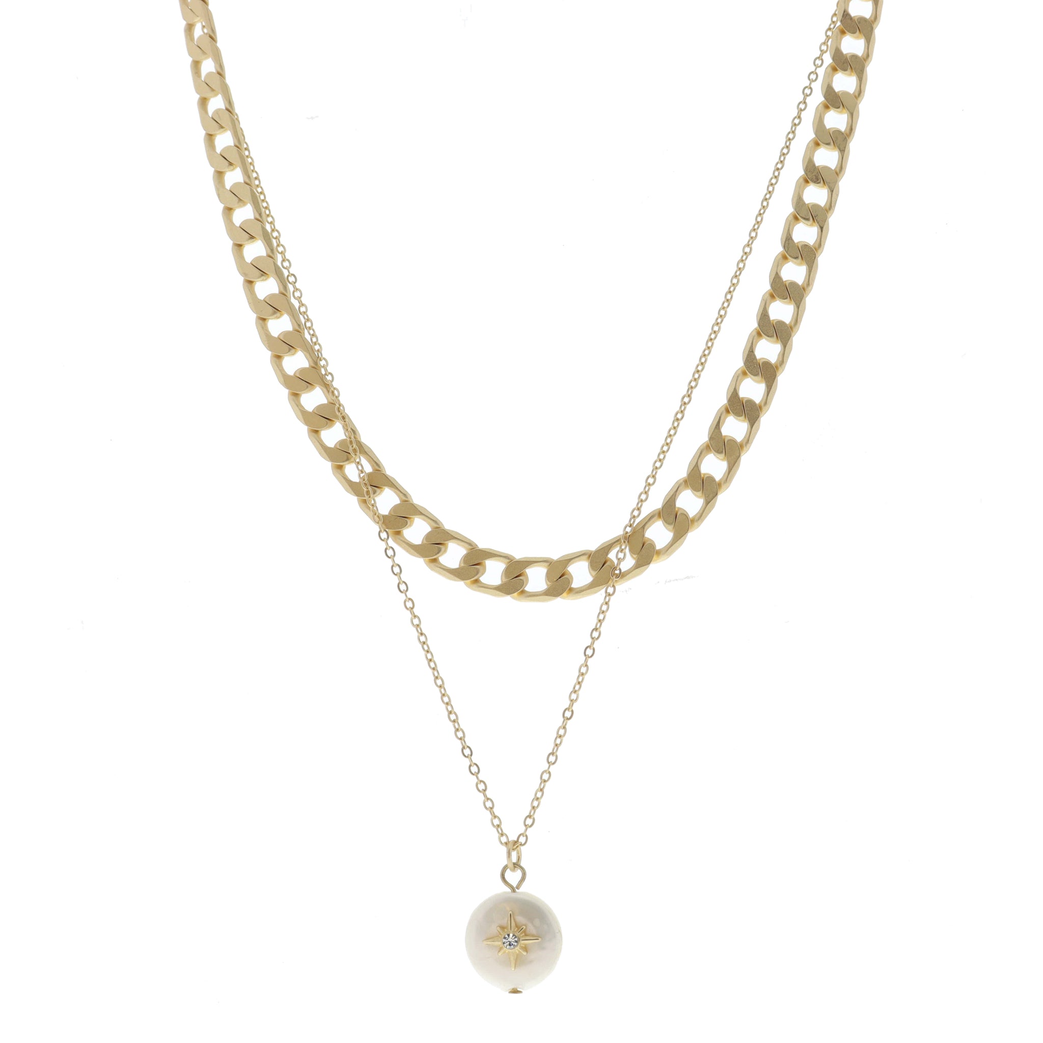 2 Strand, Curb Chain, Cable Chain with Pearl and Crystal Star Necklace