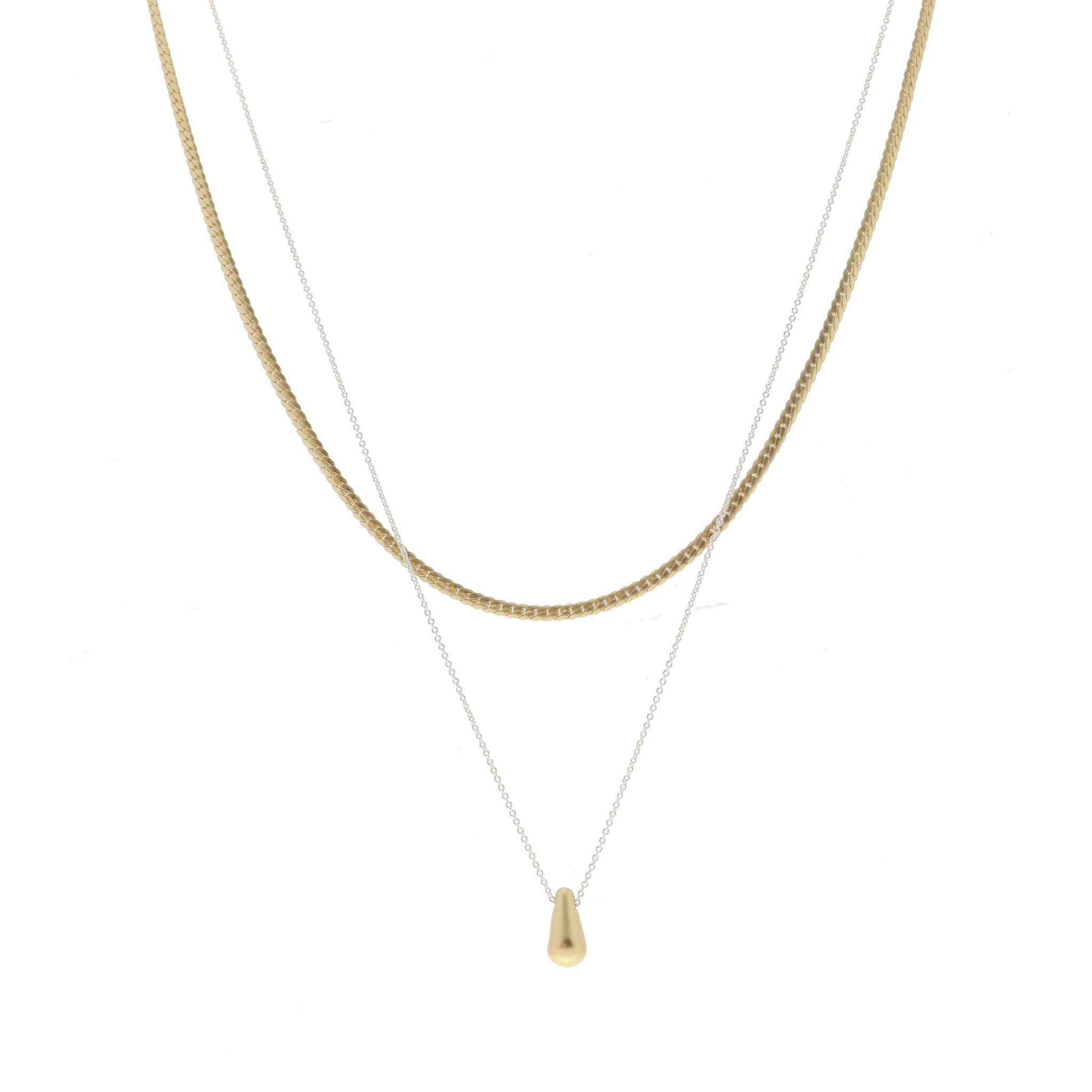 2 Strand, Gold Dapped Bar Chain, Silver Chain with Gold Teardrop Necklace