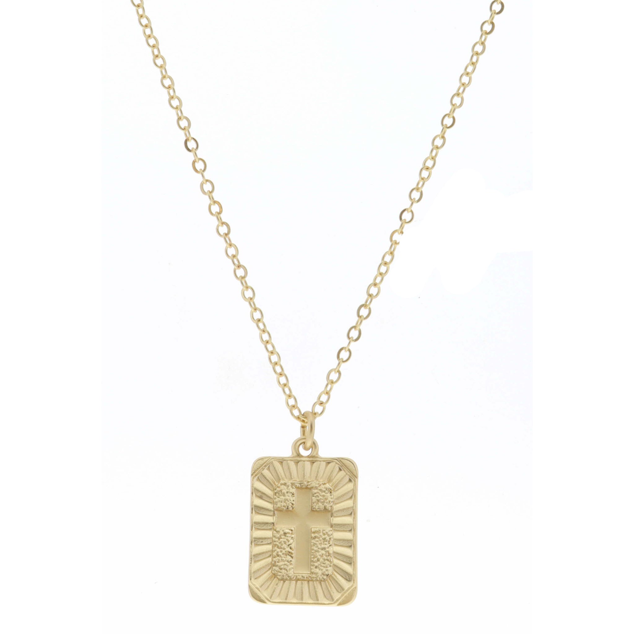 Gold Textured Rectangle with Cross Center Necklace