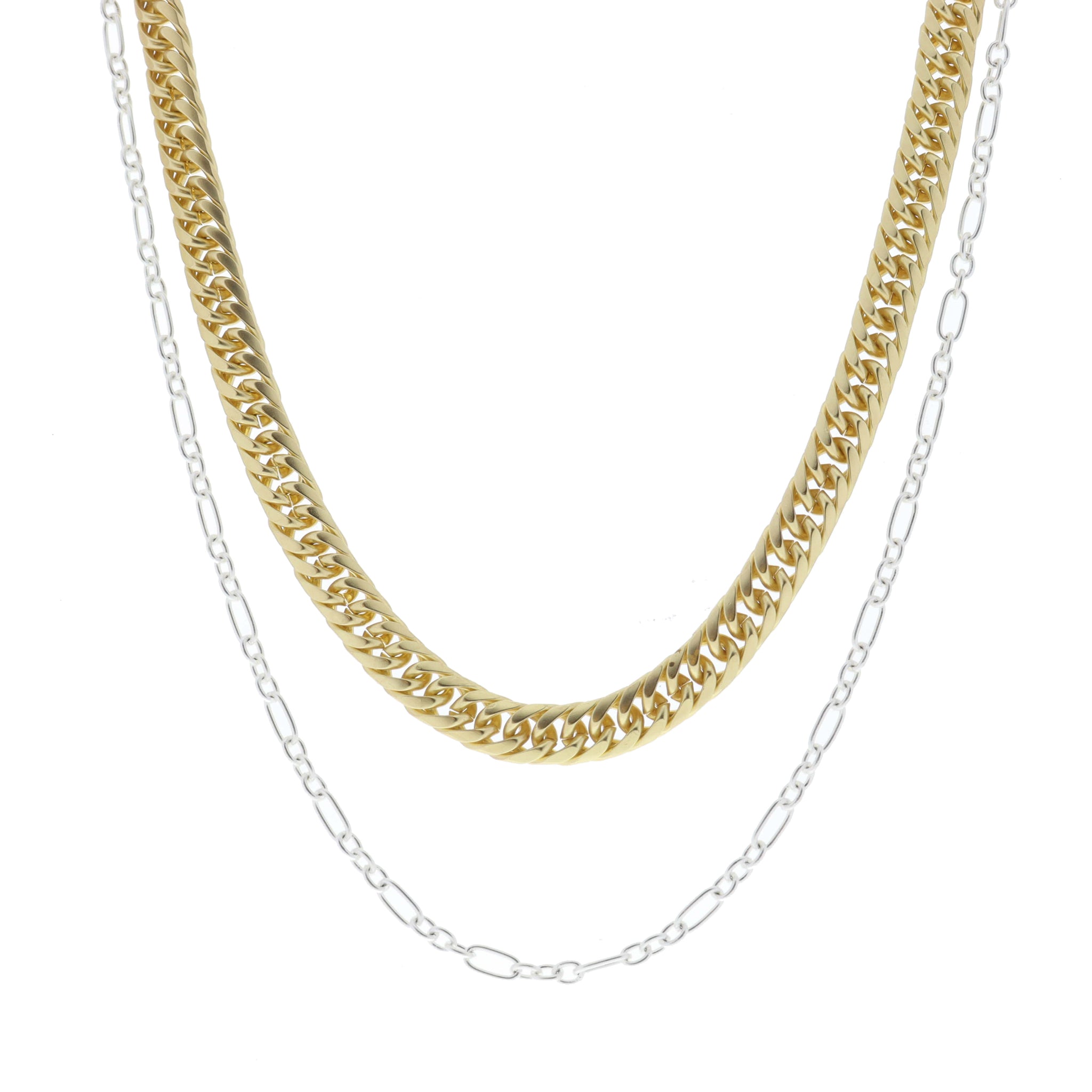 2 Strand, Gold Double Curb Chain, Silver Long and Short Chain Necklace