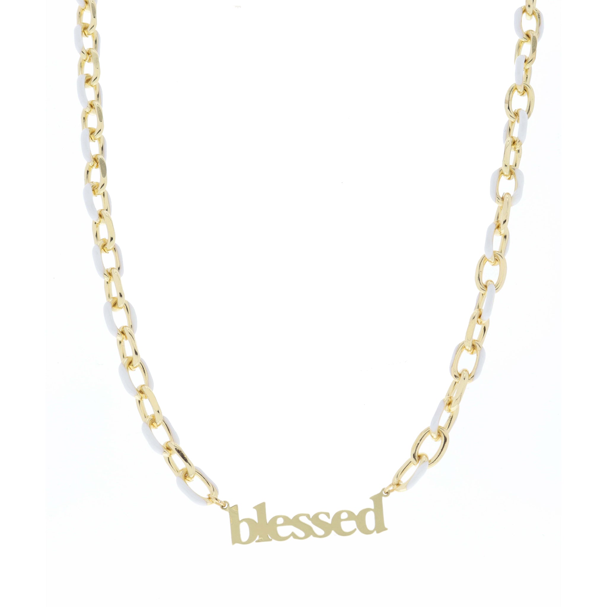White Enamel Chain with Gold "blessed" Bar Necklace