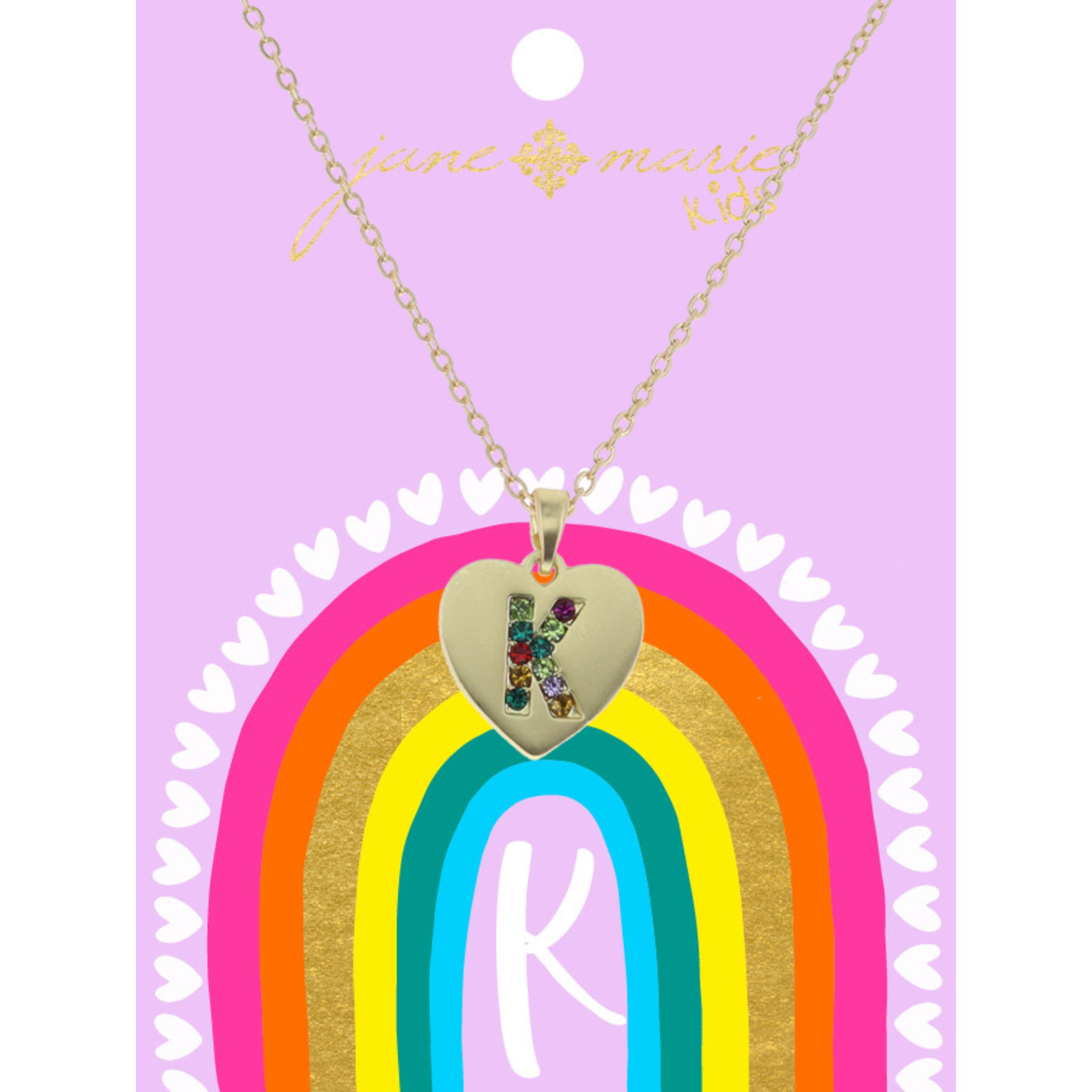 Kids Multi Color Crystal "K" on Gold Heart Necklace