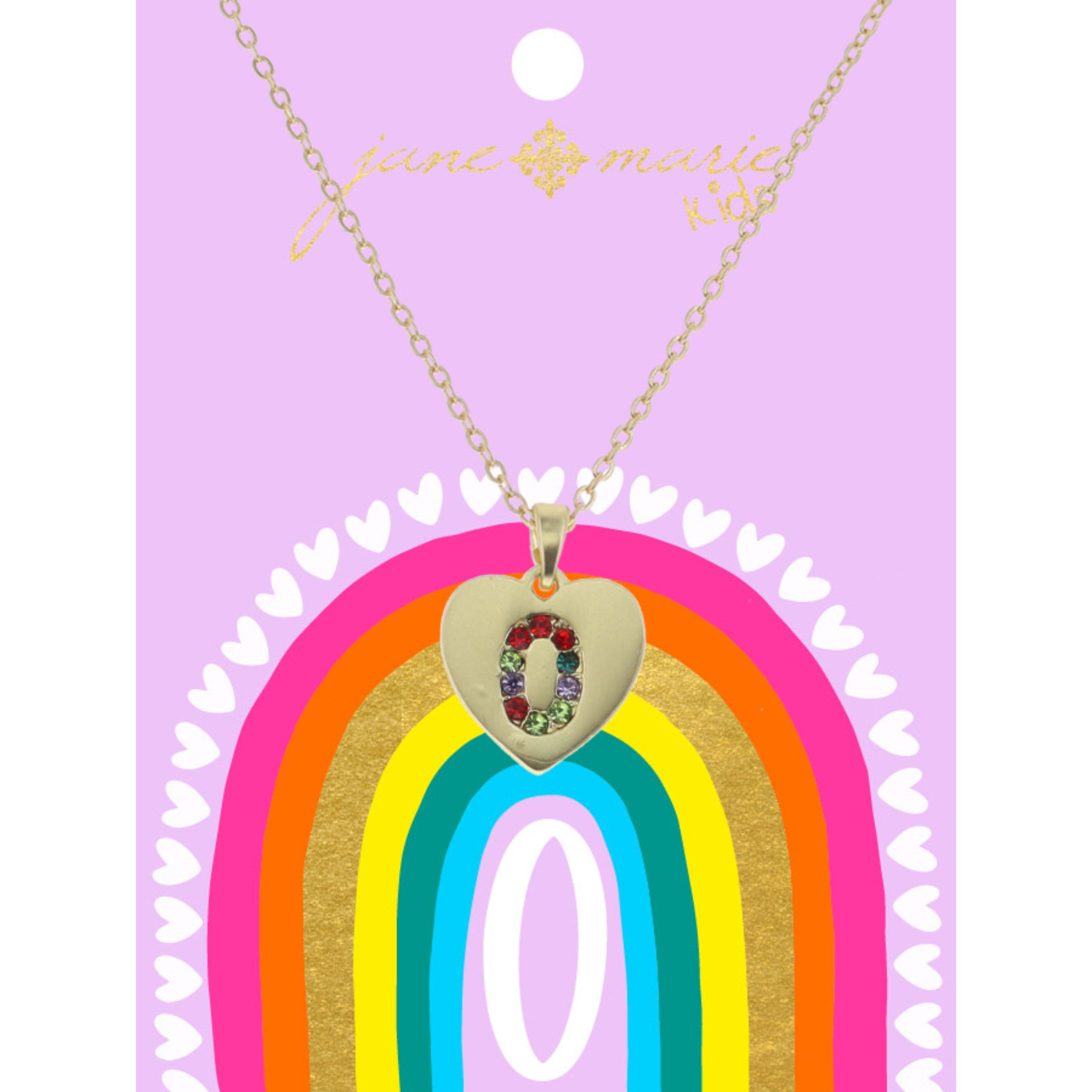 Kids Multi Color Crystal "O" on Gold Heart Necklace