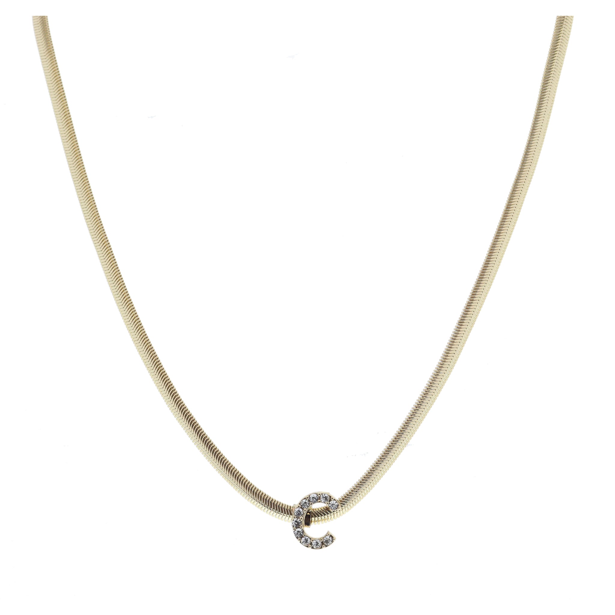 Shiny Gold Snake Chain with Clear Crystal "C" Station Necklace