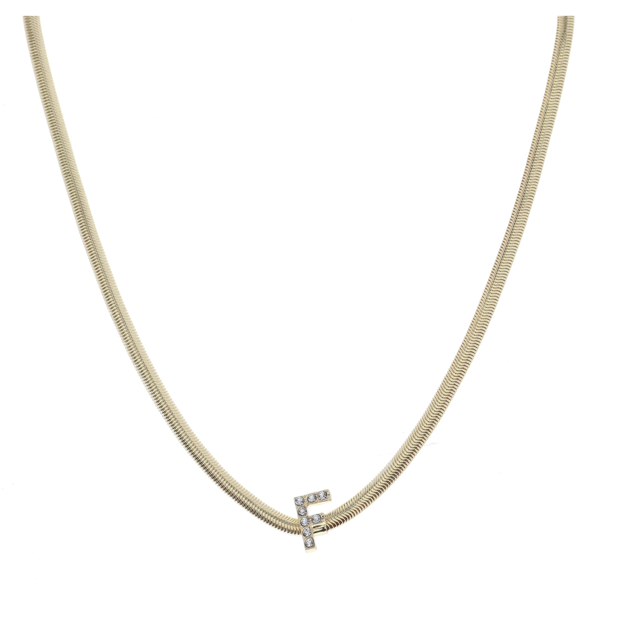 Shiny Gold Snake Chain with Clear Crystal "F" Station Necklace
