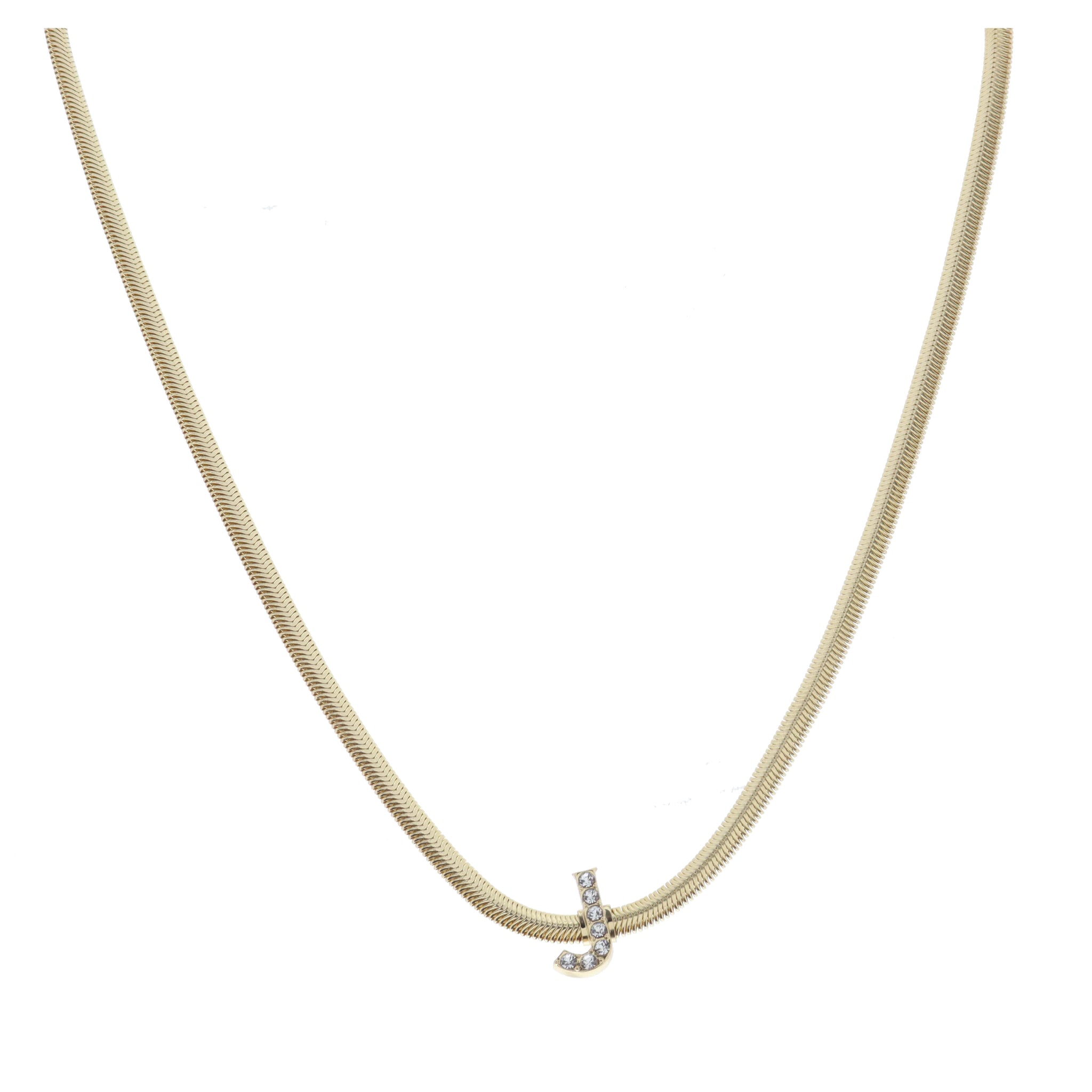 Shiny Gold Snake Chain with Clear Crystal "J" Station Necklace