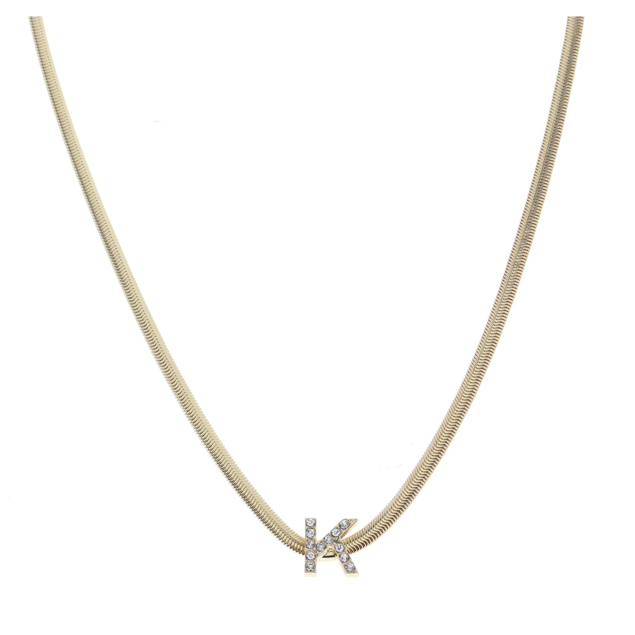 Shiny Gold Snake Chain with Clear Crystal "K" Station Necklace
