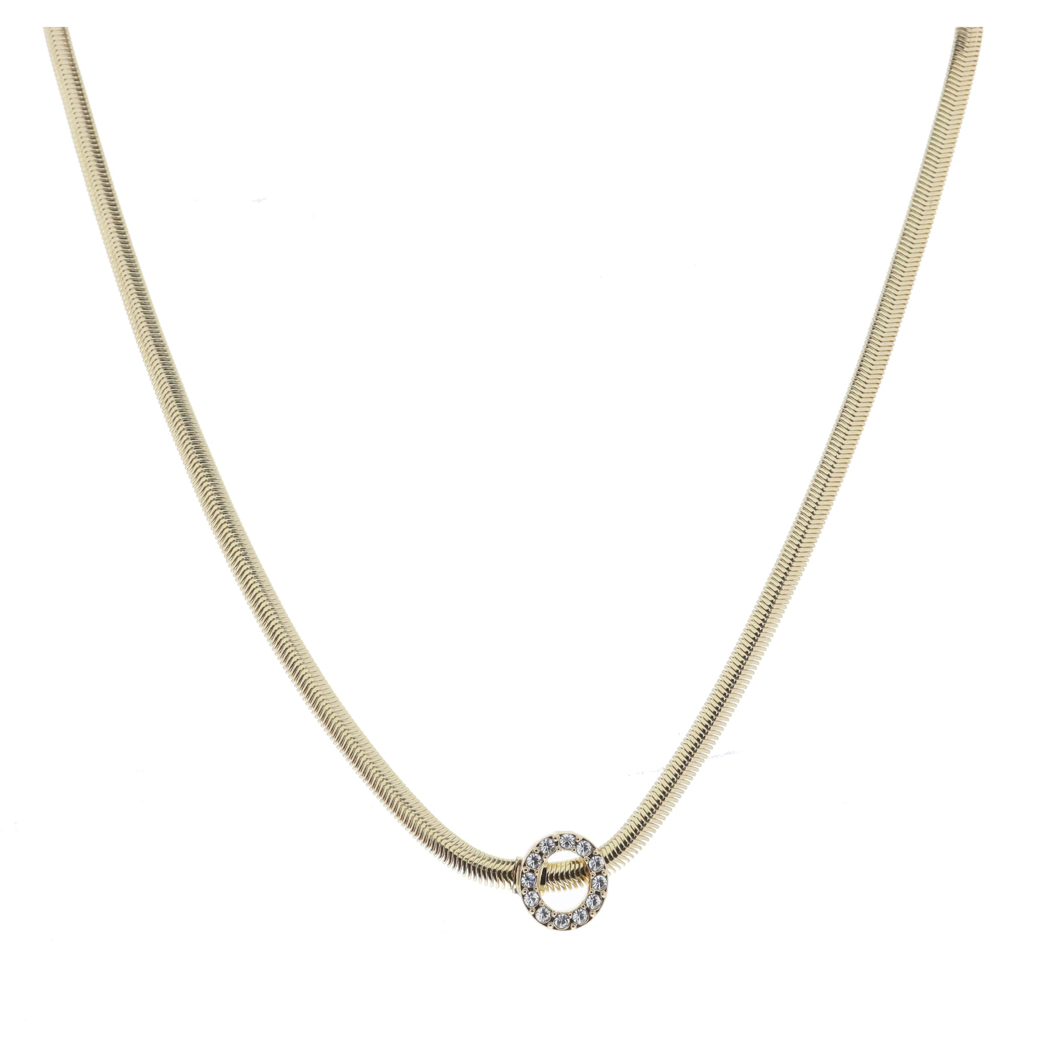 Shiny Gold Snake Chain with Clear Crystal "O" Station Necklace