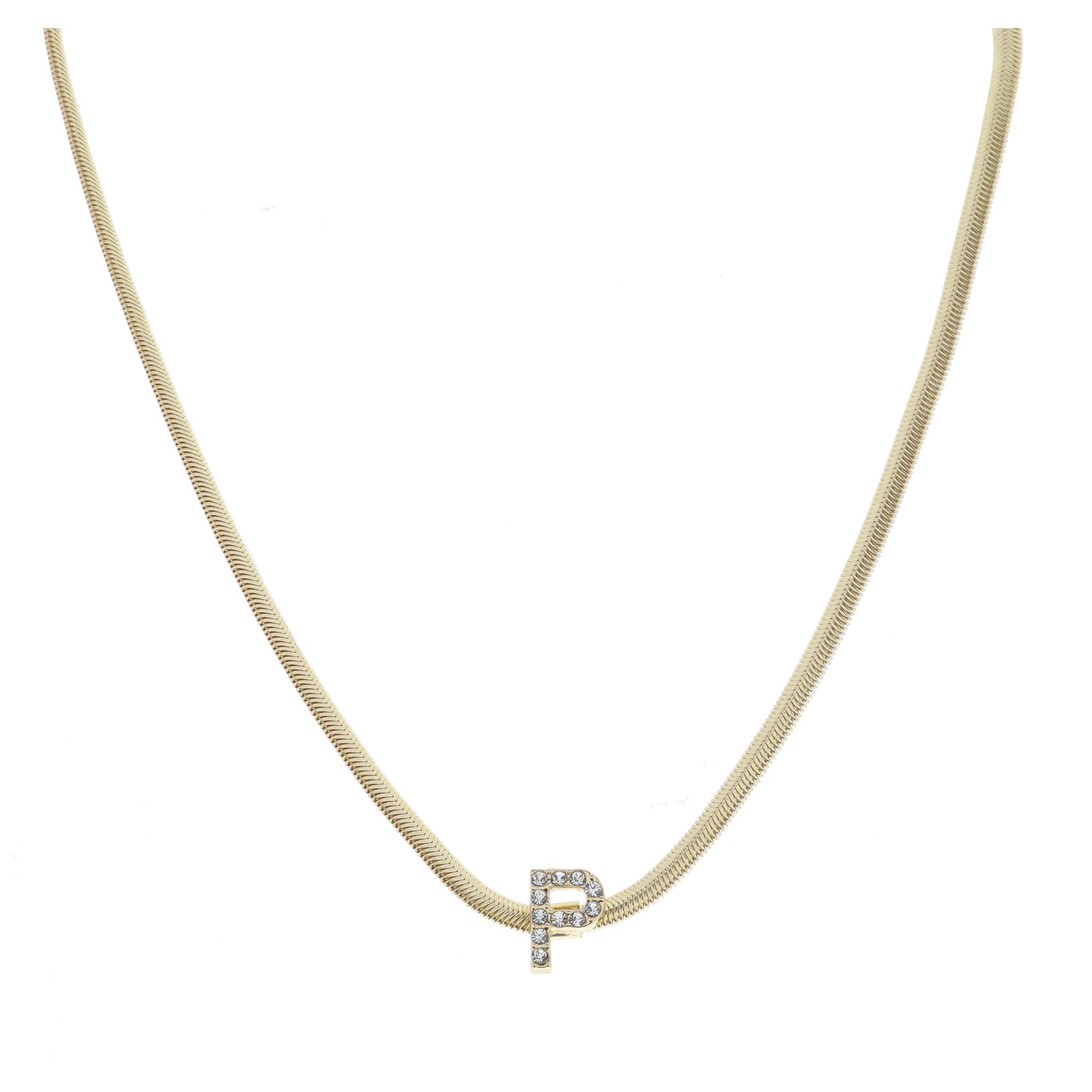 Shiny Gold Snake Chain with Clear Crystal "P" Station Necklace