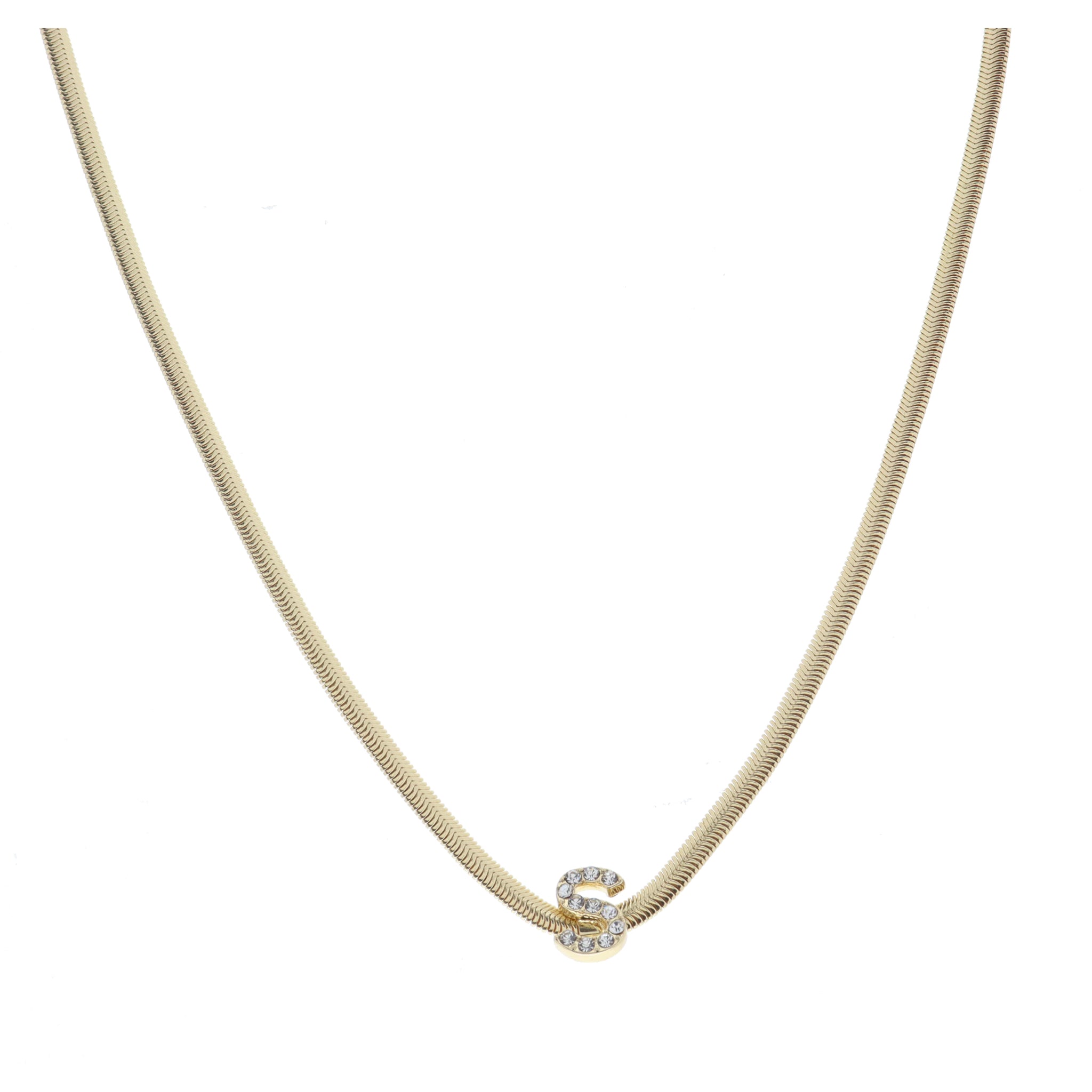 Shiny Gold Snake Chain with Clear Crystal "S" Station Necklace
