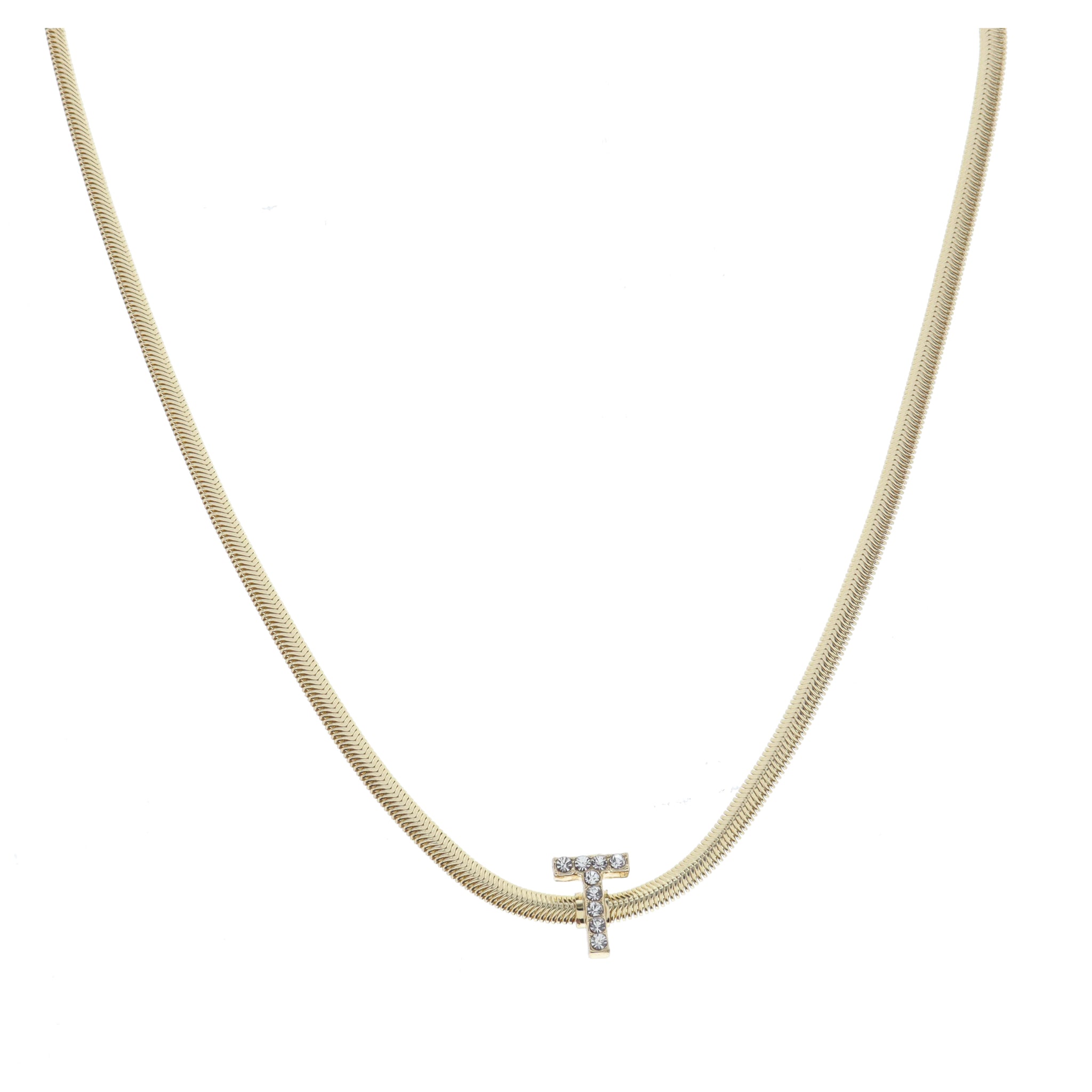 Shiny Gold Snake Chain with Clear Crystal "T" Station Necklace