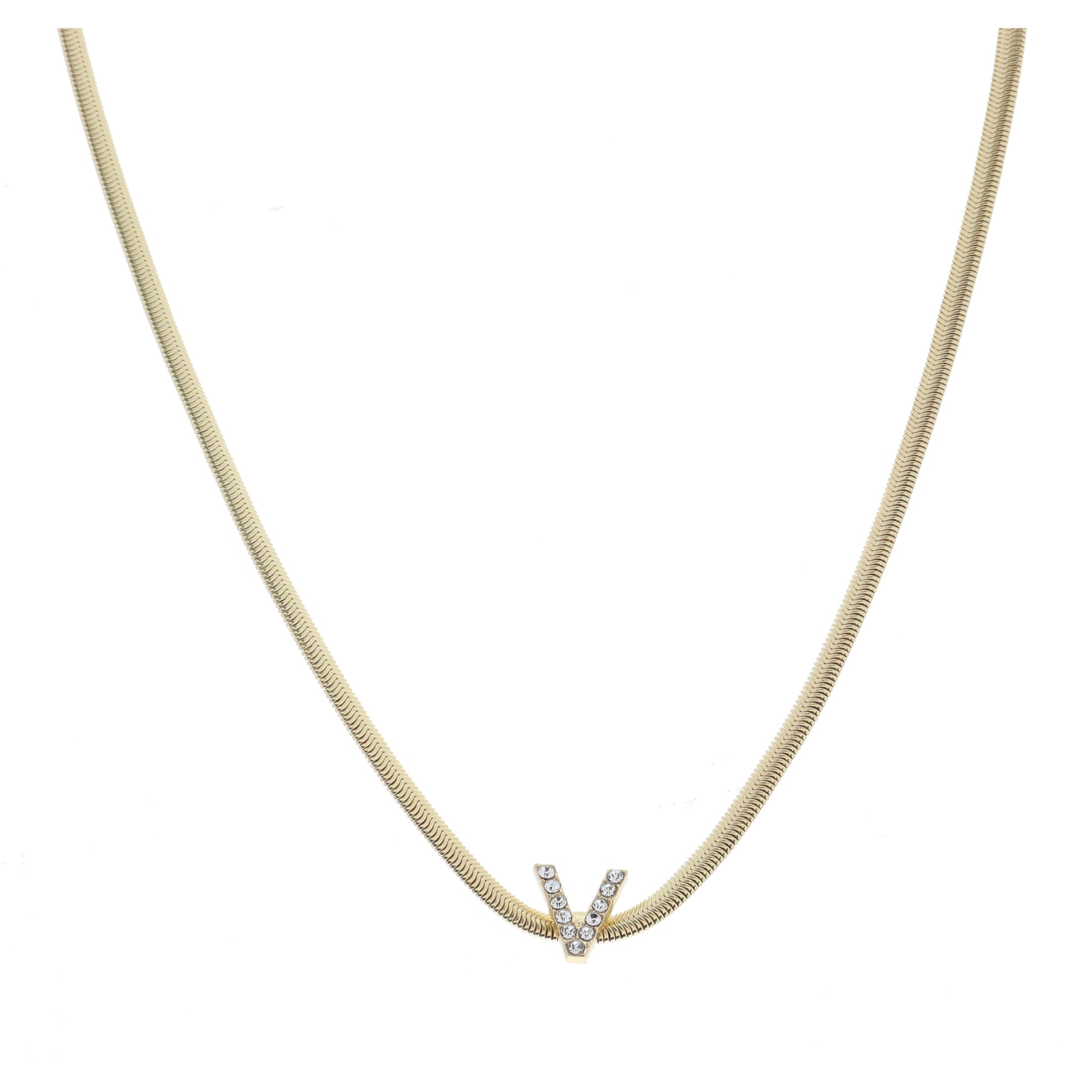 Shiny Gold Snake Chain with Clear Crystal "V" Station Necklace