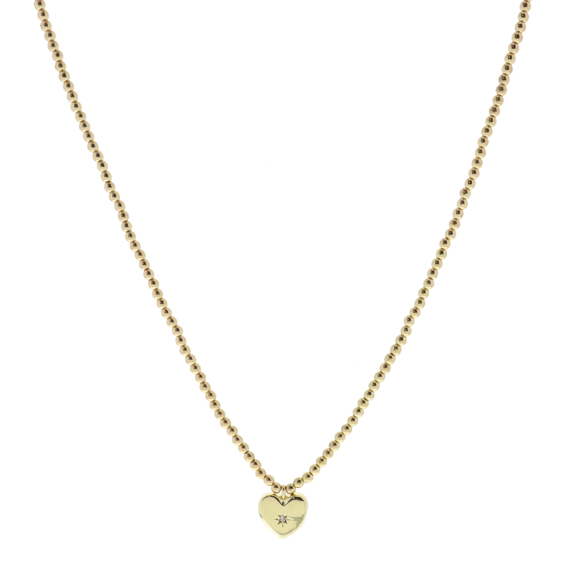 Shiny Gold Ball Beaded and Gold Heart with Center Crystal Necklace