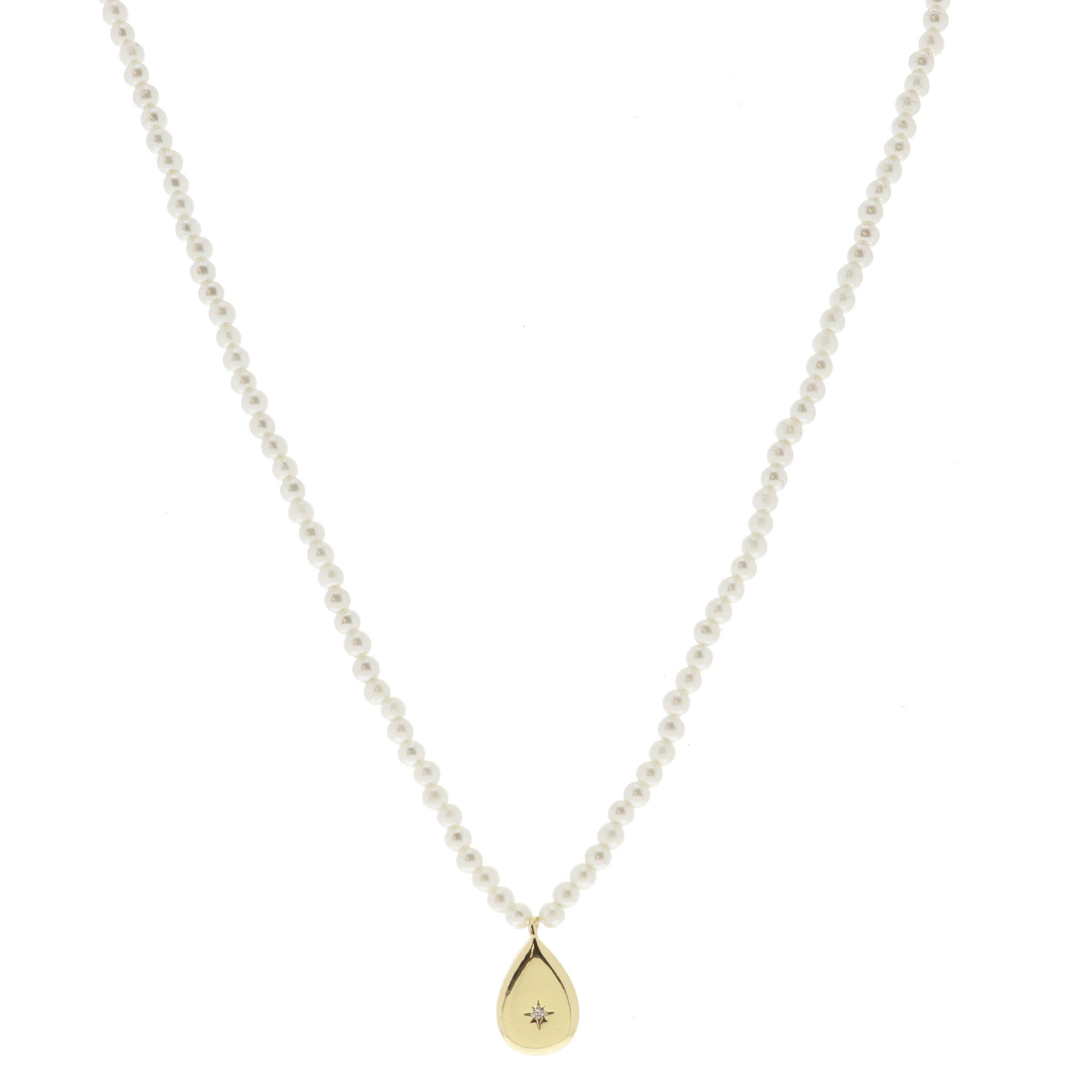 Pearl Beaded and Gold Teardrop with Center Crystal Necklace