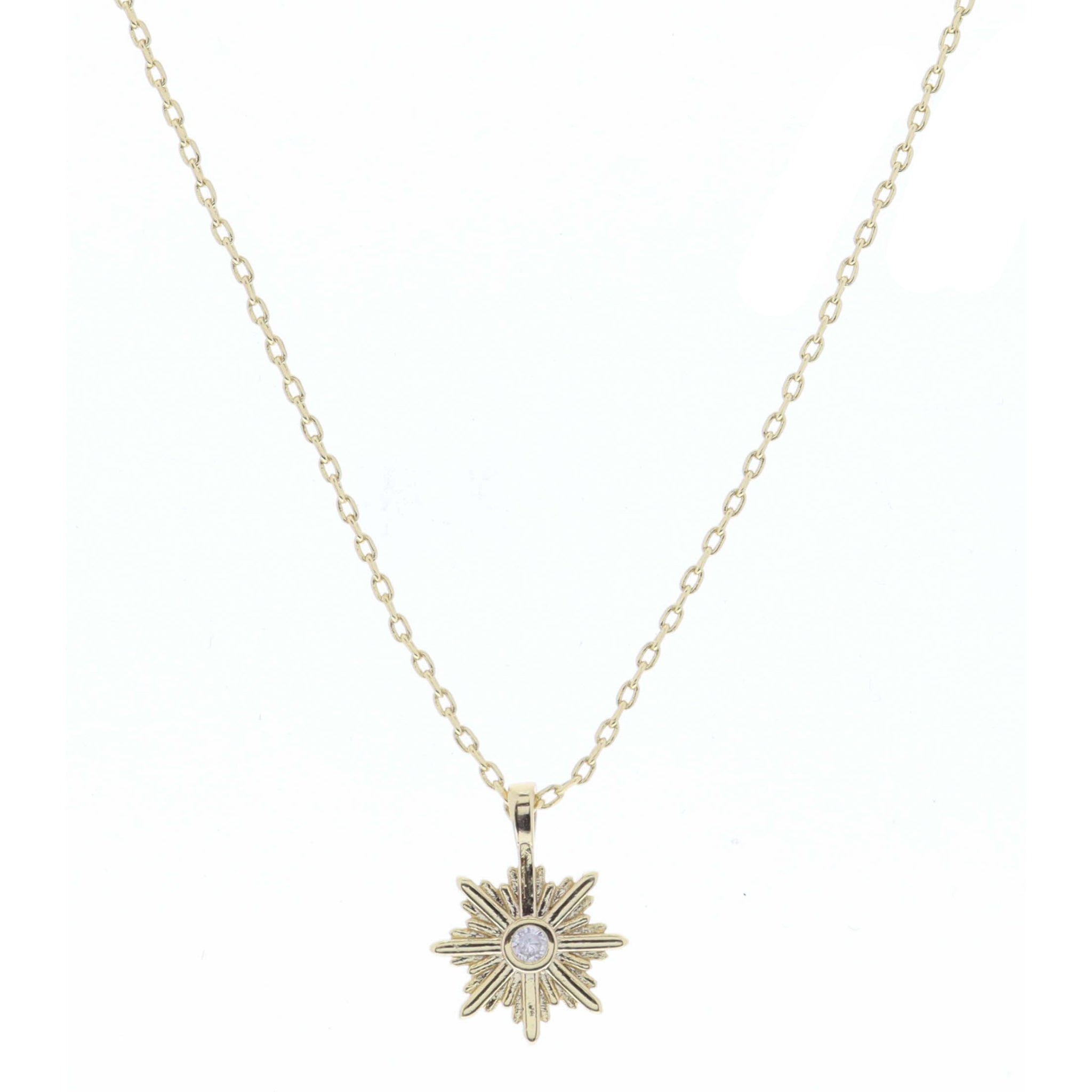 Gold Star Burst with Center Mini Clear Crystal Necklace