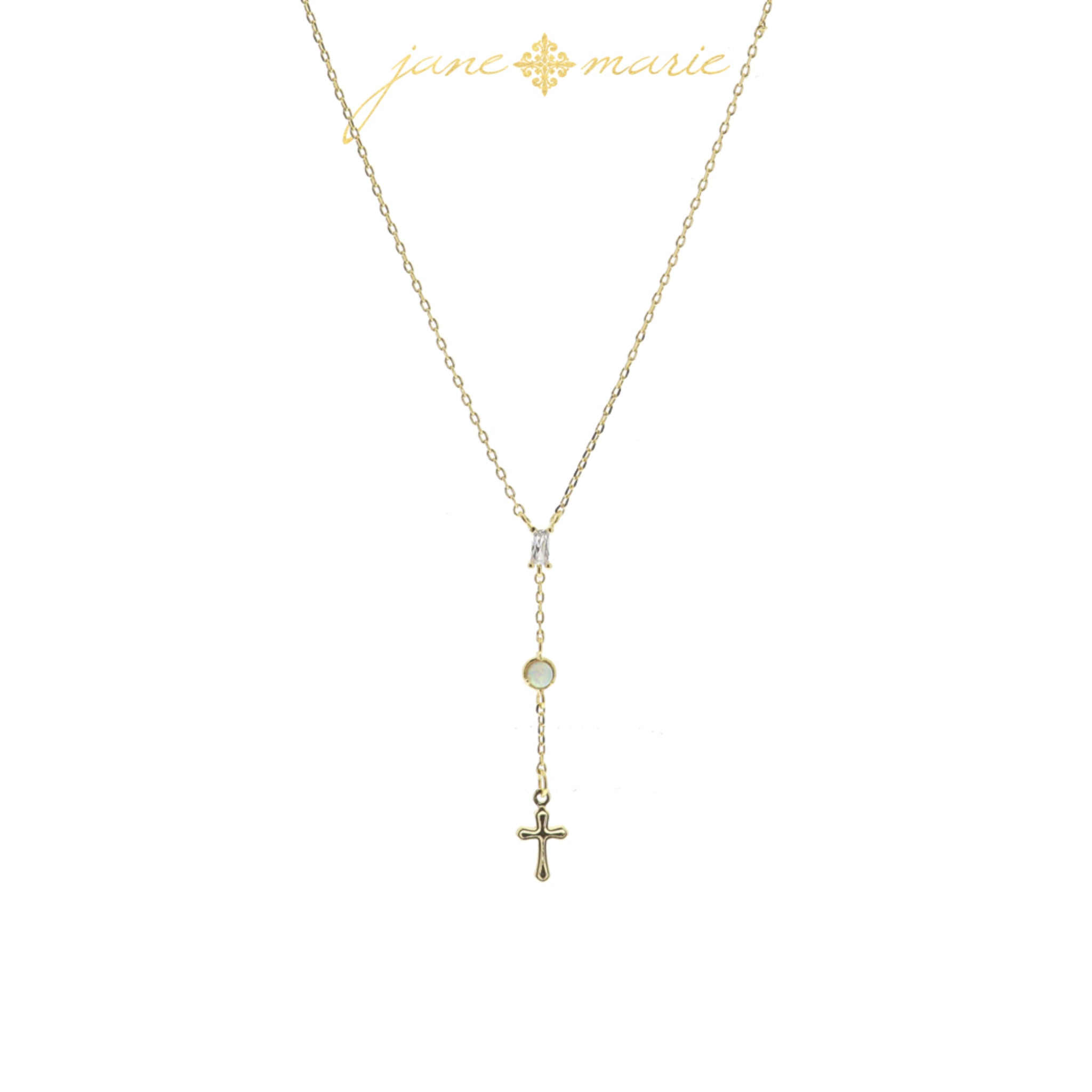 3 Tier Drop with Clear Baguette Crystal, Opal Circle, Gold Cross Necklace