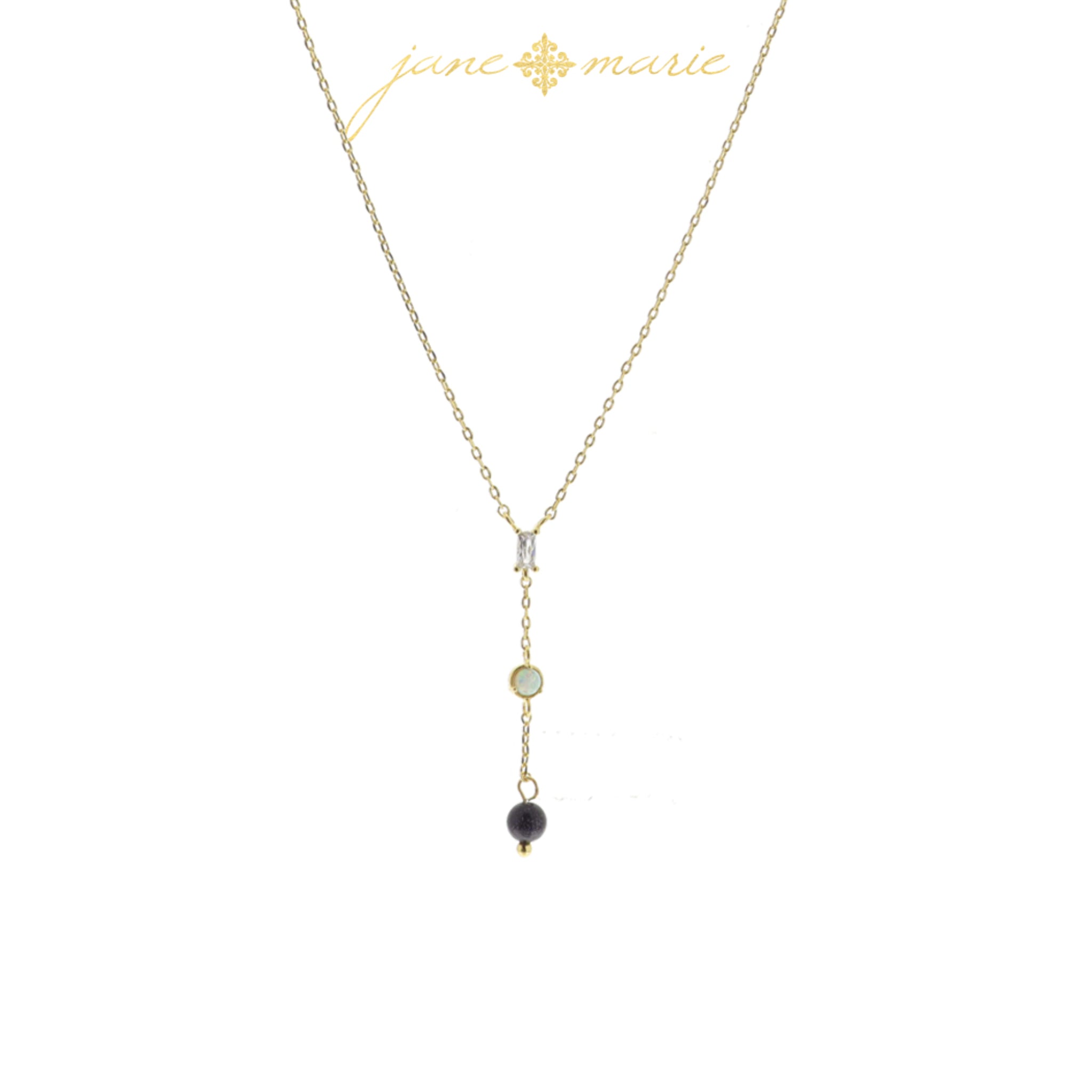3 Tier Drop with Clear Baguette Crystal, Opal Circle, Sparkly Jet Bead Necklace