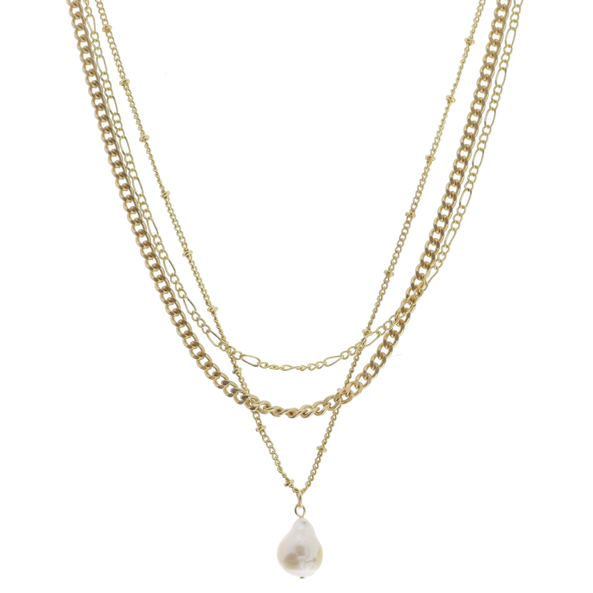 3 Strand, Multi Chain with Figaro, Curb, Satellite with Pearl Drop Necklace