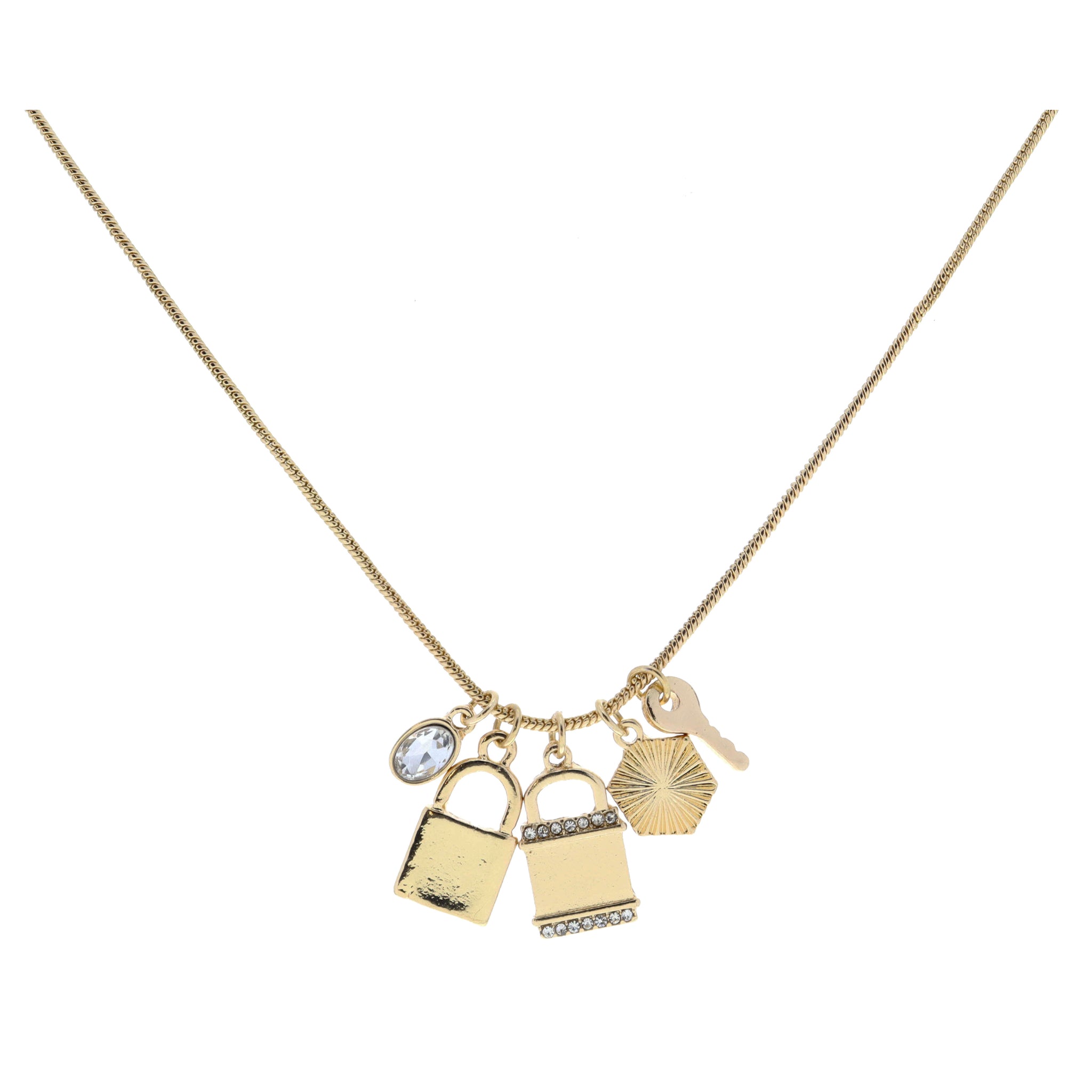 Oval Clear Crystal, Lock, Padlock with Crystals, Textured Hexagon, Key Necklace