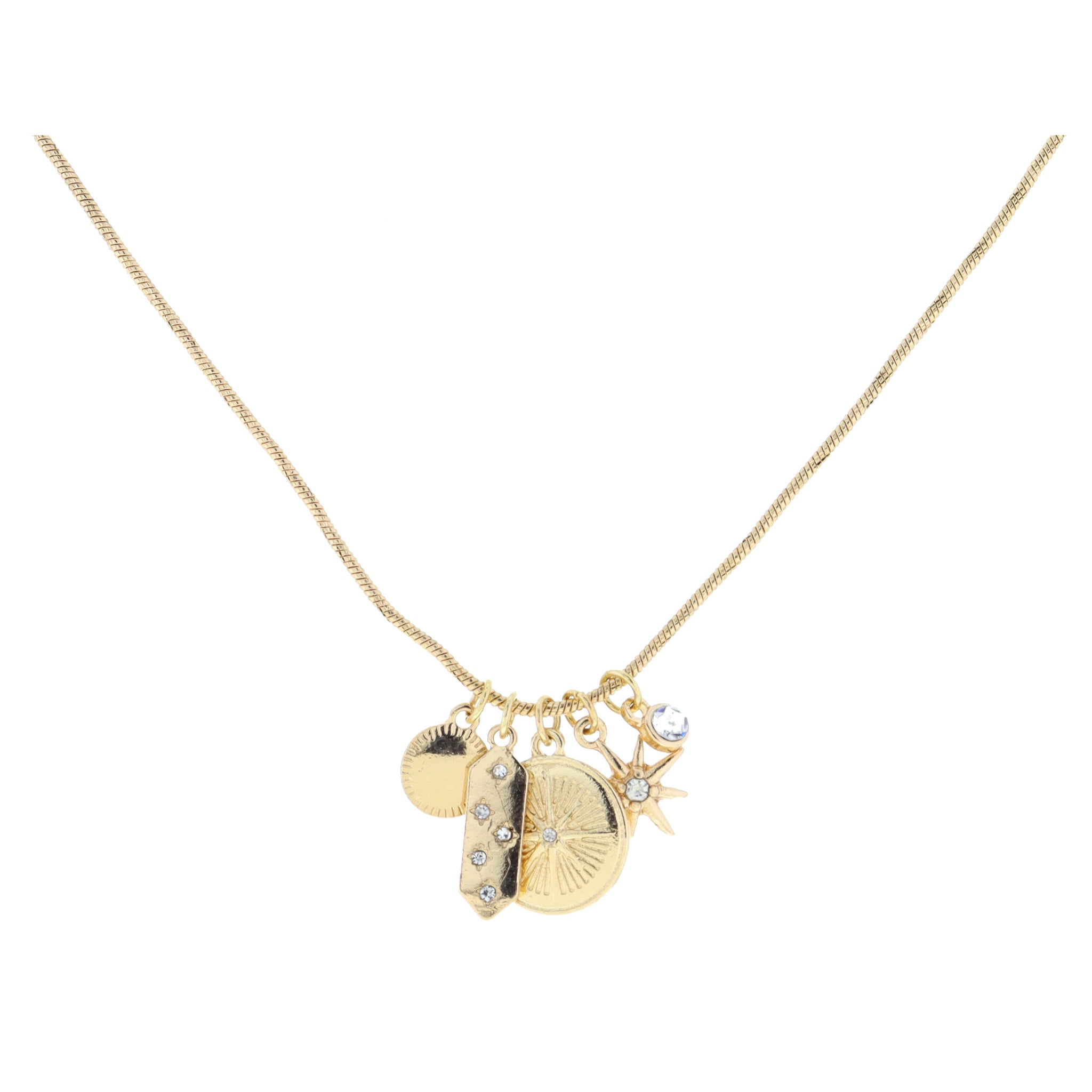Gold Circle, Crystal Hexagon, Starburst Disc, Starburst with Crystal, Crystal Necklace