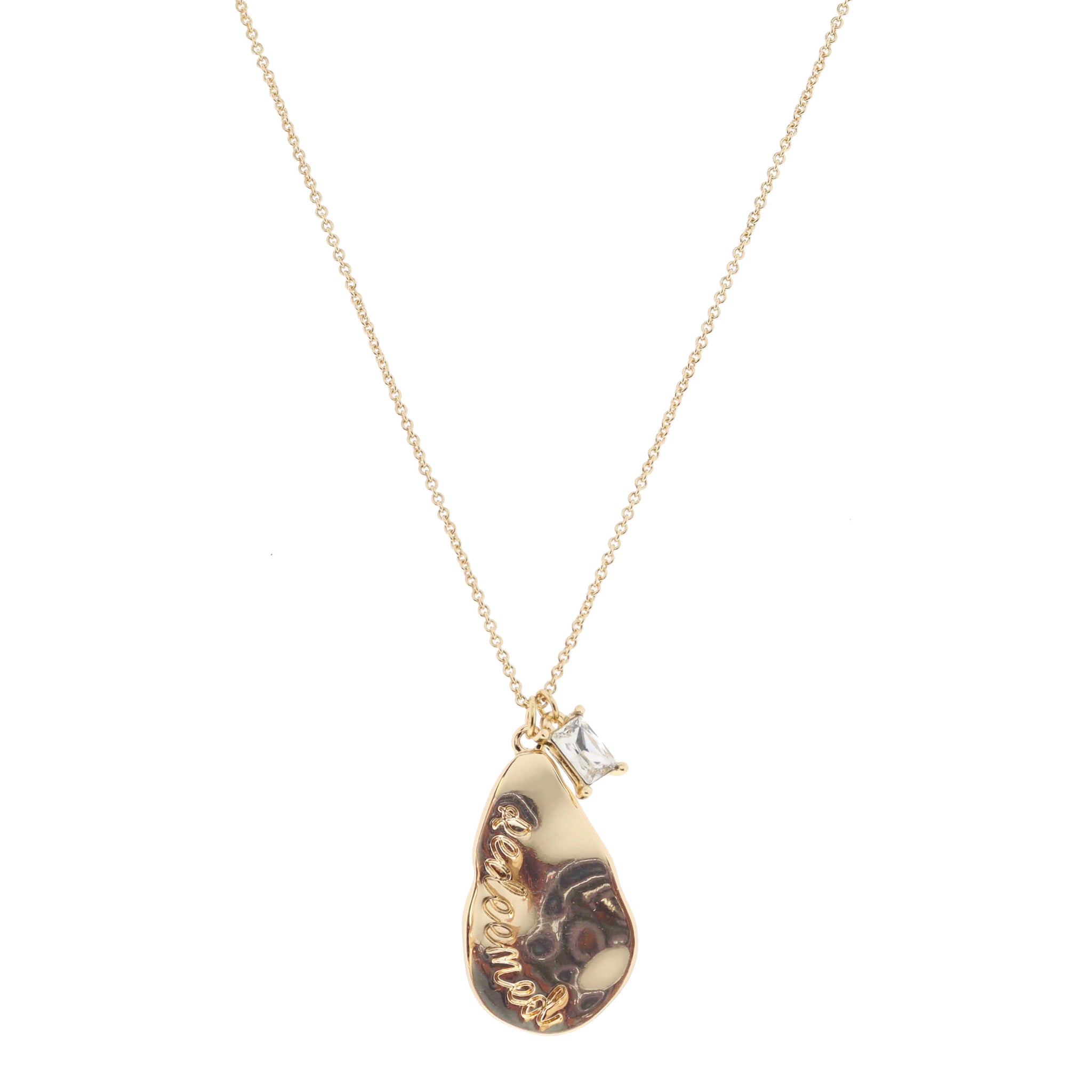 Gold Wavy Teardrop with "Redeemed" and Clear Baguette Crystal Necklace, 1", .25" Pendants