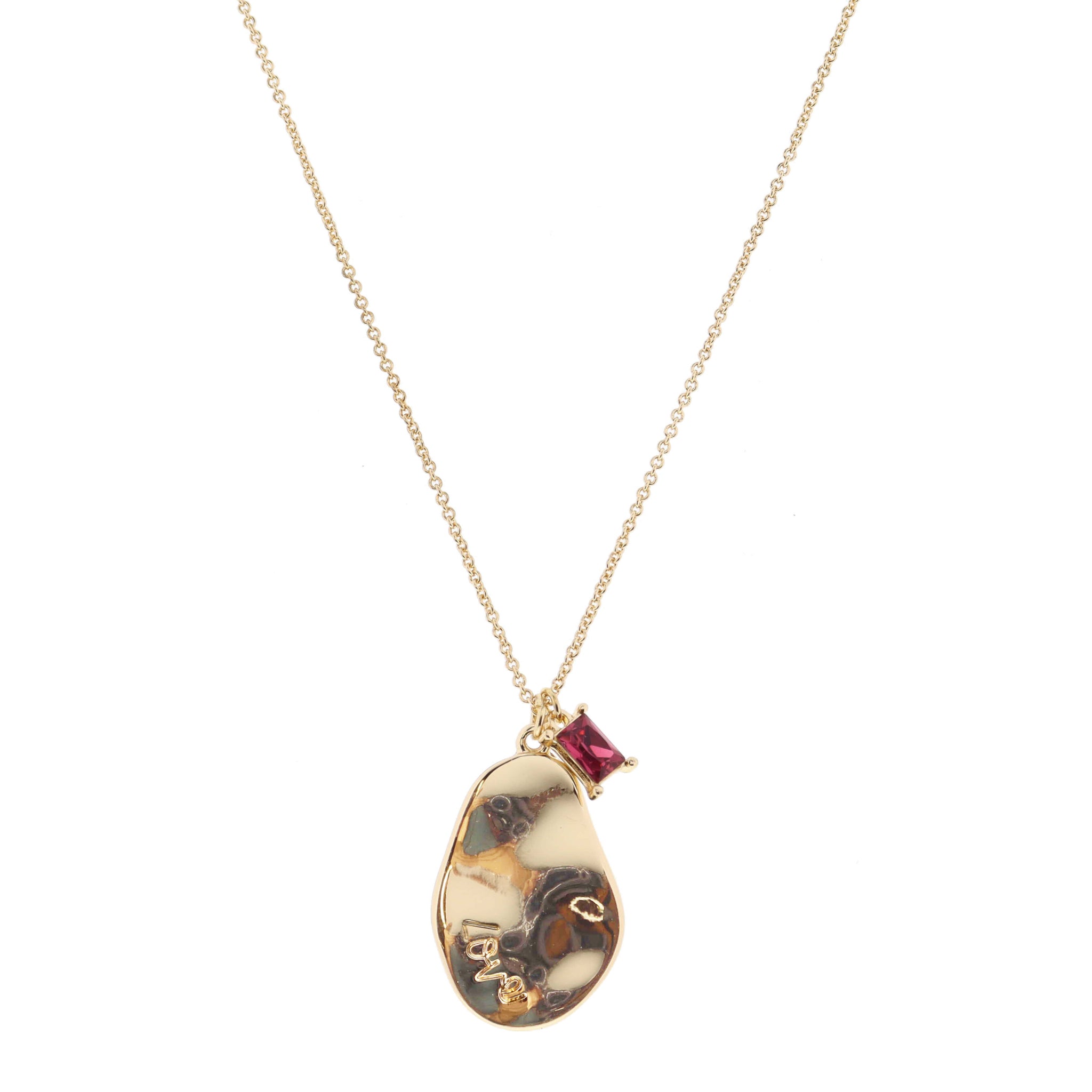 Gold Wavy Organic Oval with "Love" and Rose Baguette Crystal Necklace, .85", .25" Pendants