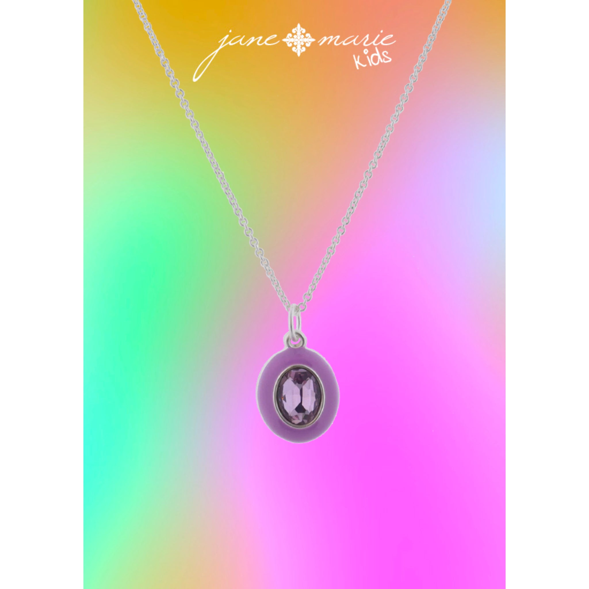 Kids Lavender Enamel with Light Purple Crystal Oval Necklace, .5" Pendant