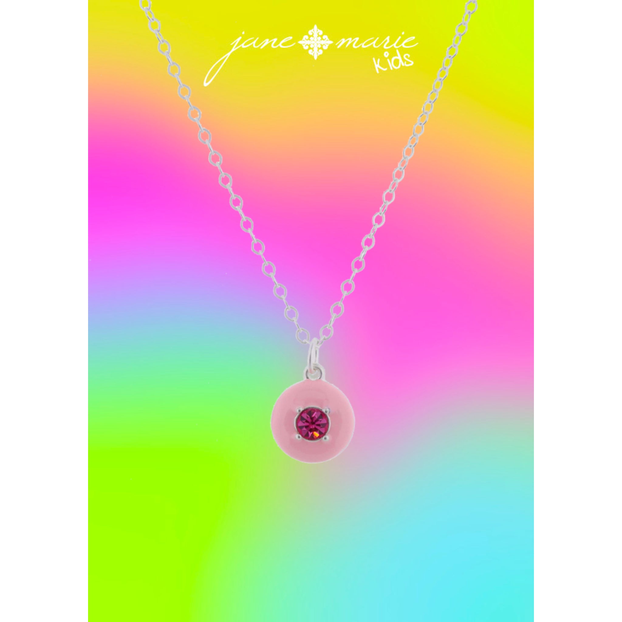 Kids Light Pink Enamel with Hot Pink Crystal Circle Necklace, .5" Pendant