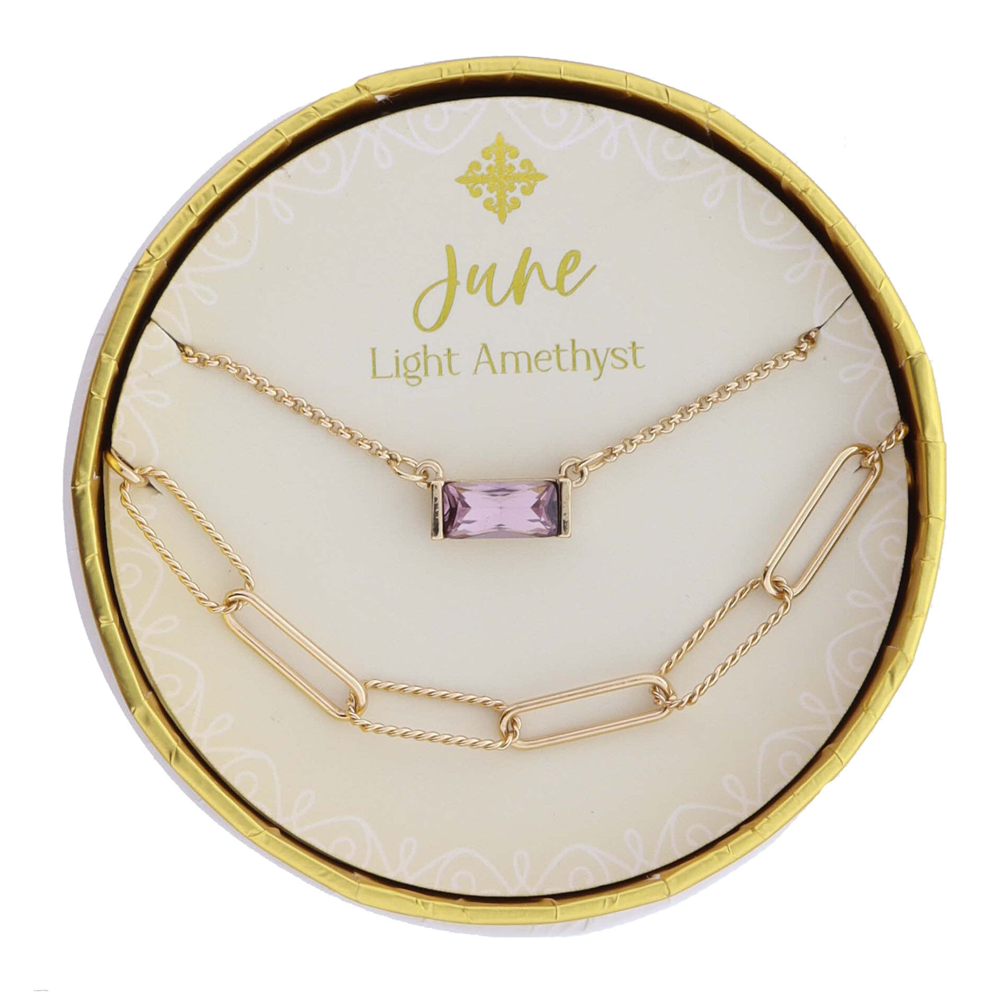 Set of 2 Necklaces, June Light Amethyst Birthstone Baguette, Gold Paperclip Chain with Twist Links Necklace, .15" Pendant