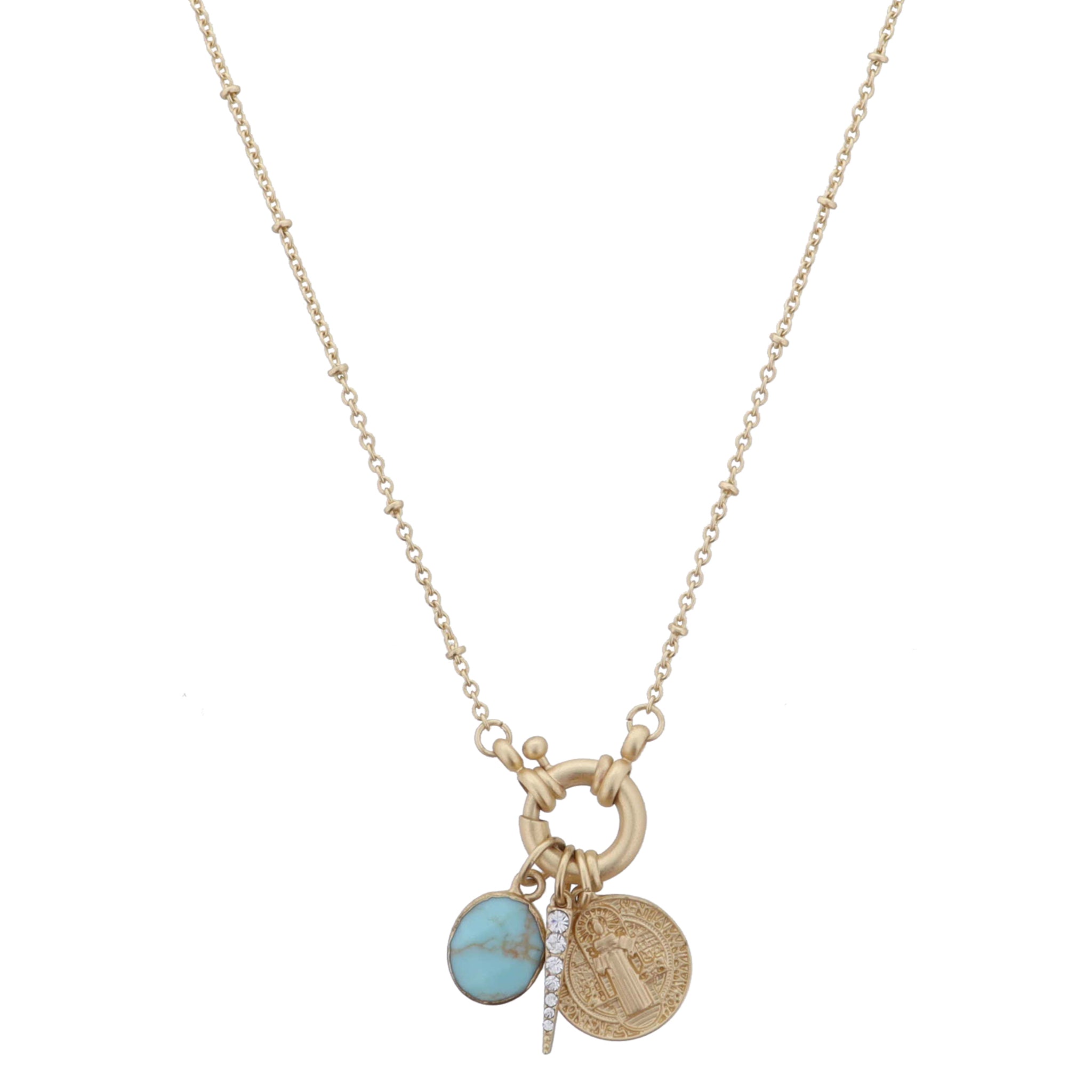Gold Spring Ring with Turquoise Oval, Spike, St. Francis Medallion Necklace, .5", .65",.65" Pendants