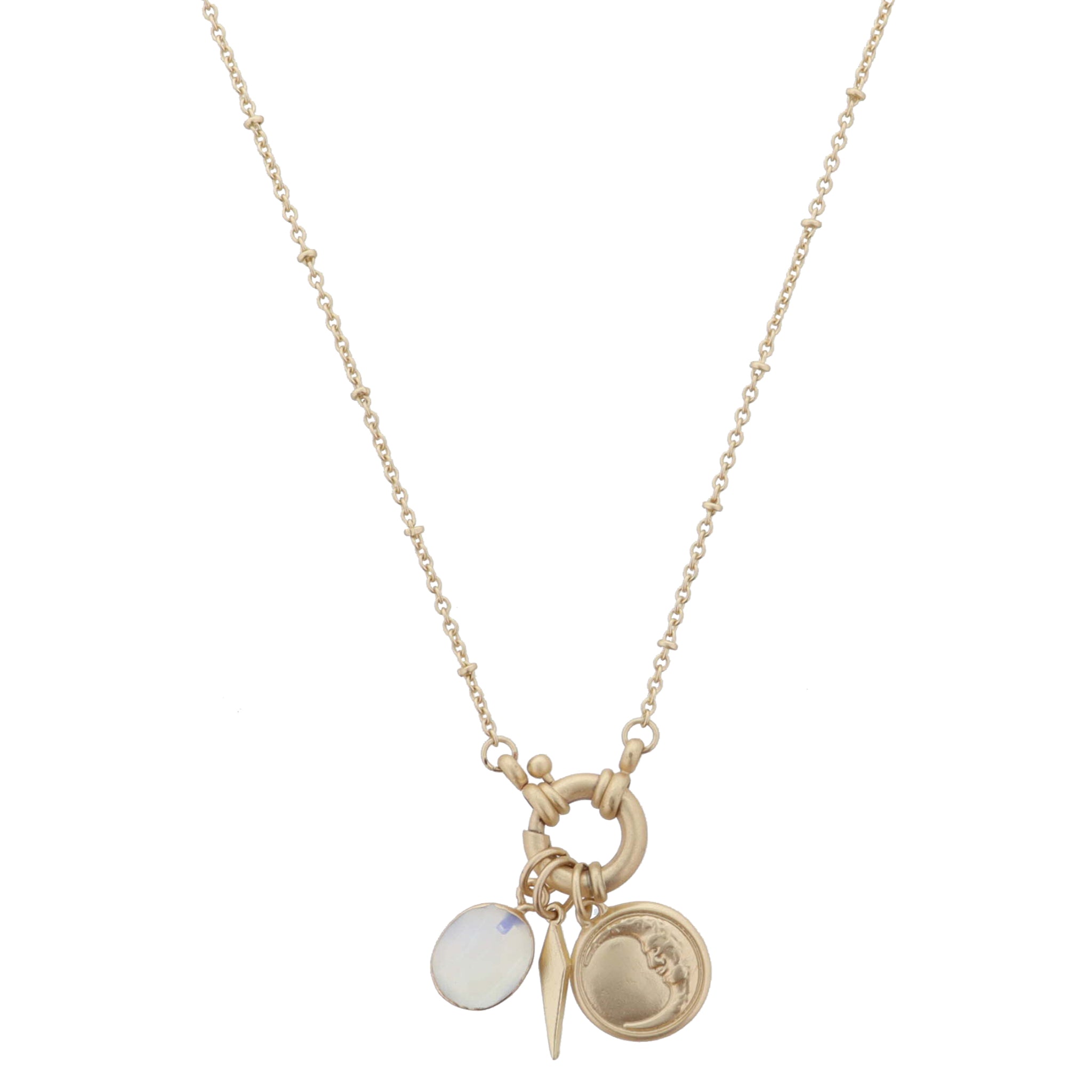 Gold Spring Ring with Opalite Oval, Diamond Spike, Moon & Star Disc Necklace, .5", .65",.65" Pendant
