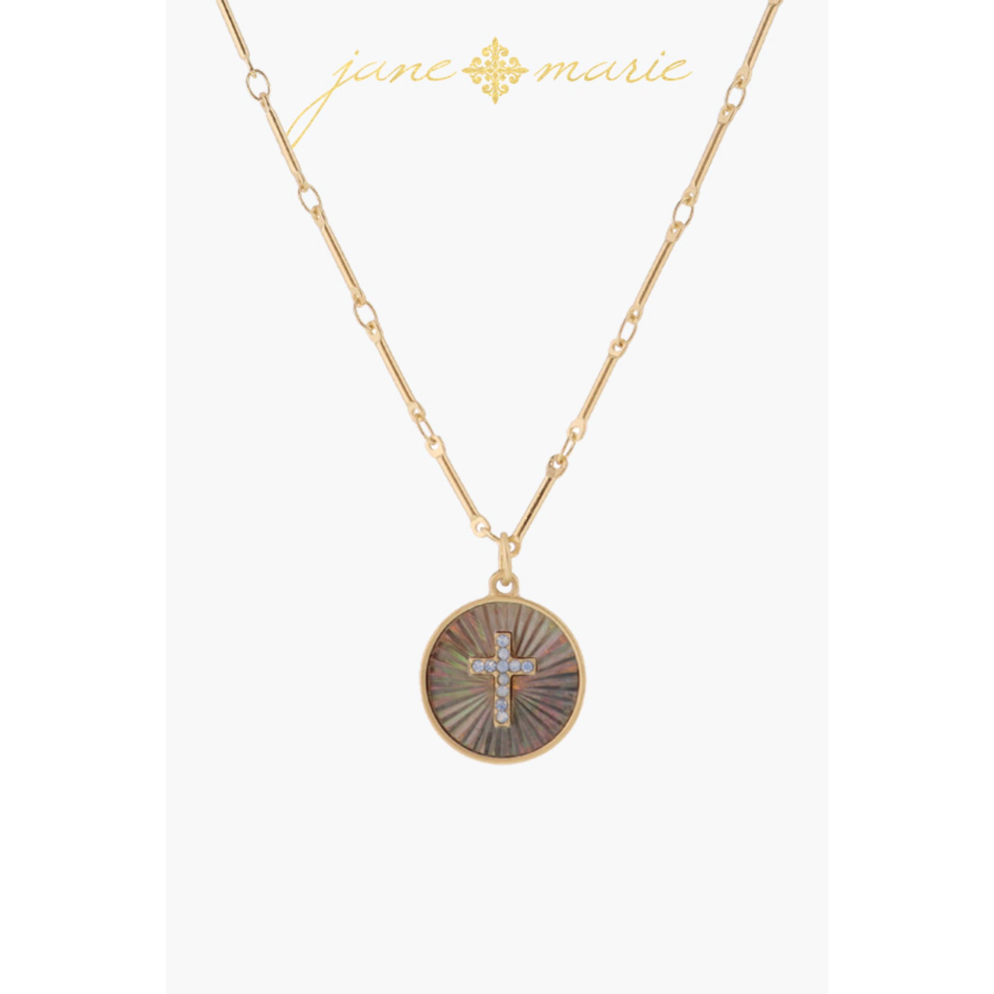 Grey Starburst Shell Inlay Disc with Moonstone Cross Necklace, .65" Pendant