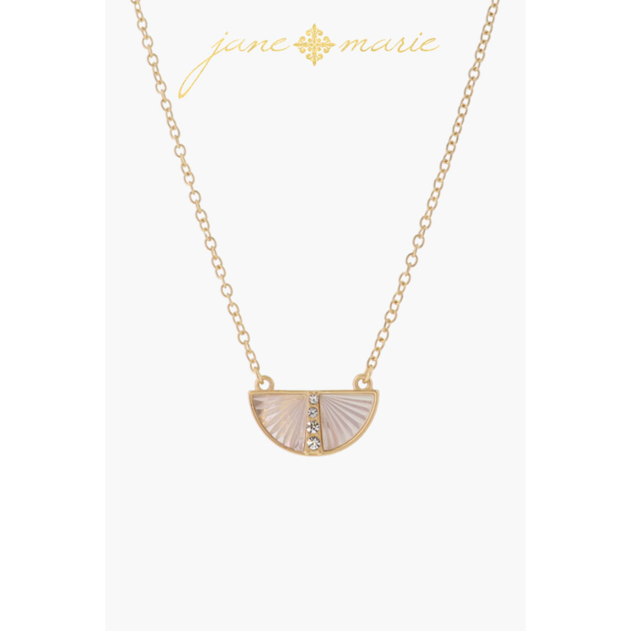 White Starburst Shell Inlay Half Circle with Crystal Center Line Necklace, .35" Pendant