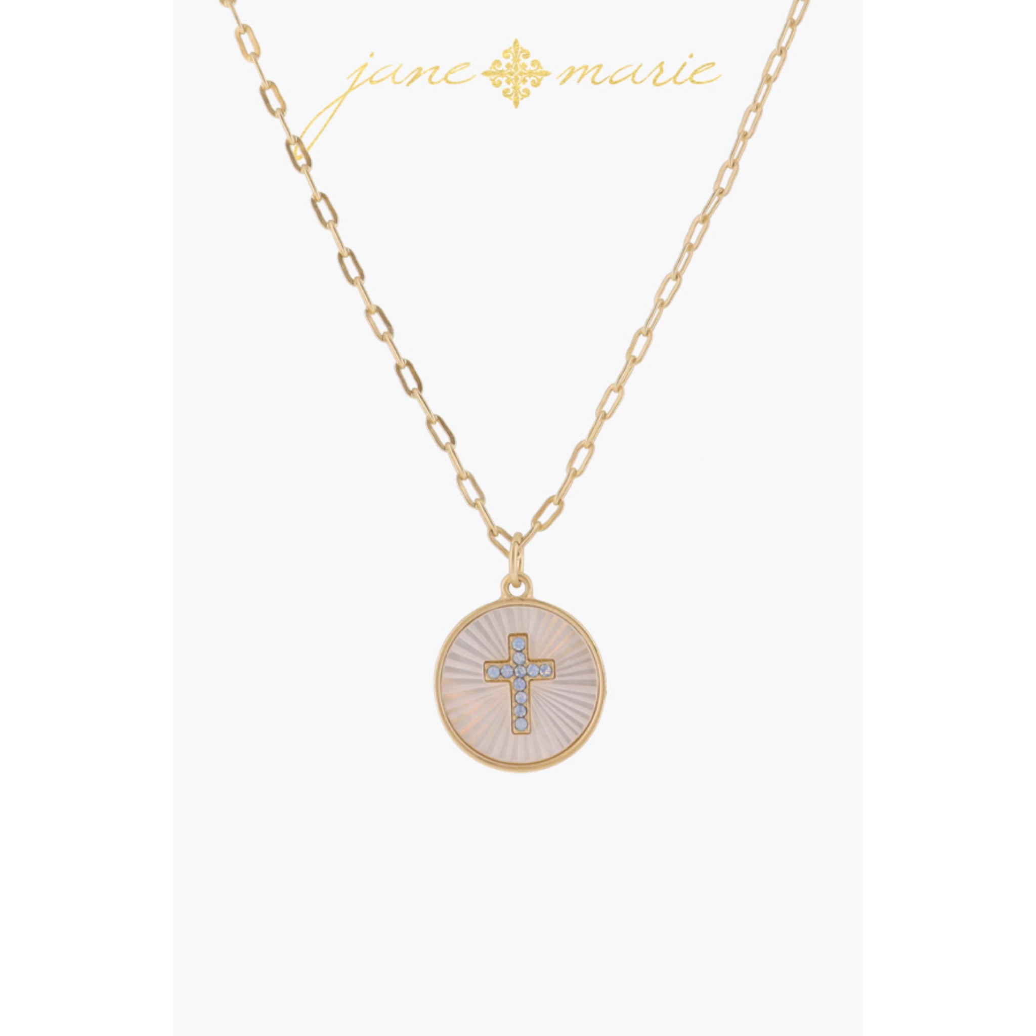 White Starburst Shell Inlay Disc with Moonstone Cross Necklace, .65" Pendant