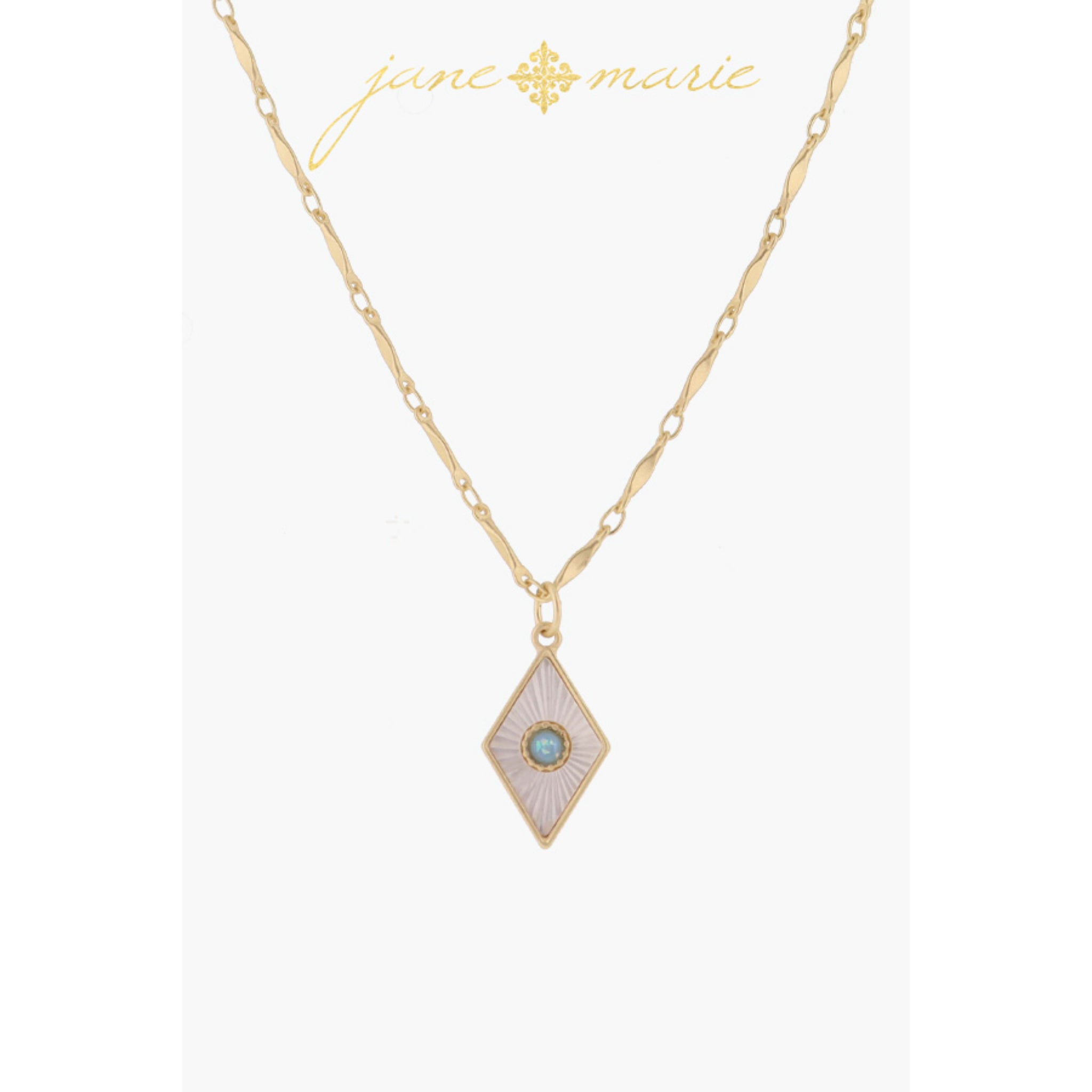 White Starburst Shell Inlay Diamond with Blue Opal Center Necklace, .75" Pendant